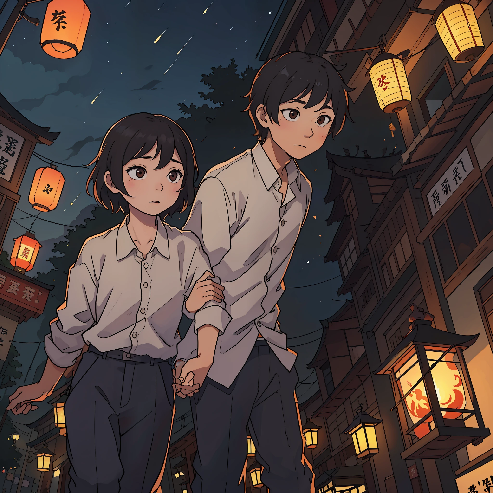 Osamu Dazai's Bunho Wild Dog、Memorial、the night、Kong Ming lantern background、Couple couple、hands in arms、komono、Need、tmasterpiece、illustration、the wallpaper、Look up