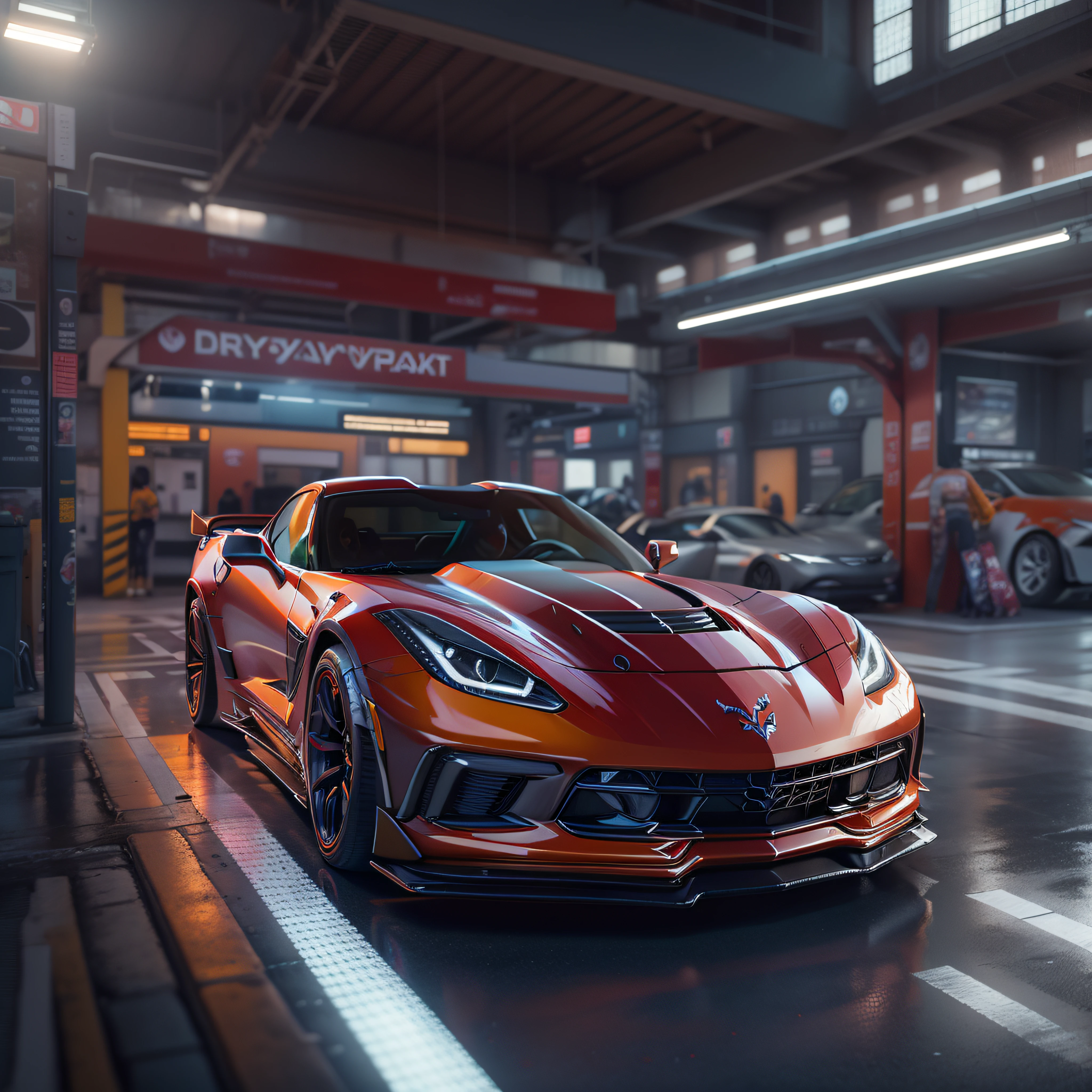 une voiture de sport dans une station-service, chevrolet corvette, chevrolet, With elements of the ZR1, 3D Rendering », rendu raytracing, Rendu parfait, Hyper realistic rendering, Hyper real rendering, Photorealistic Rendering, Photorealistic Rendering, Red realistic 3D rendering, hyper detailed 3d render, Fully detailed cyberpunk style rendering