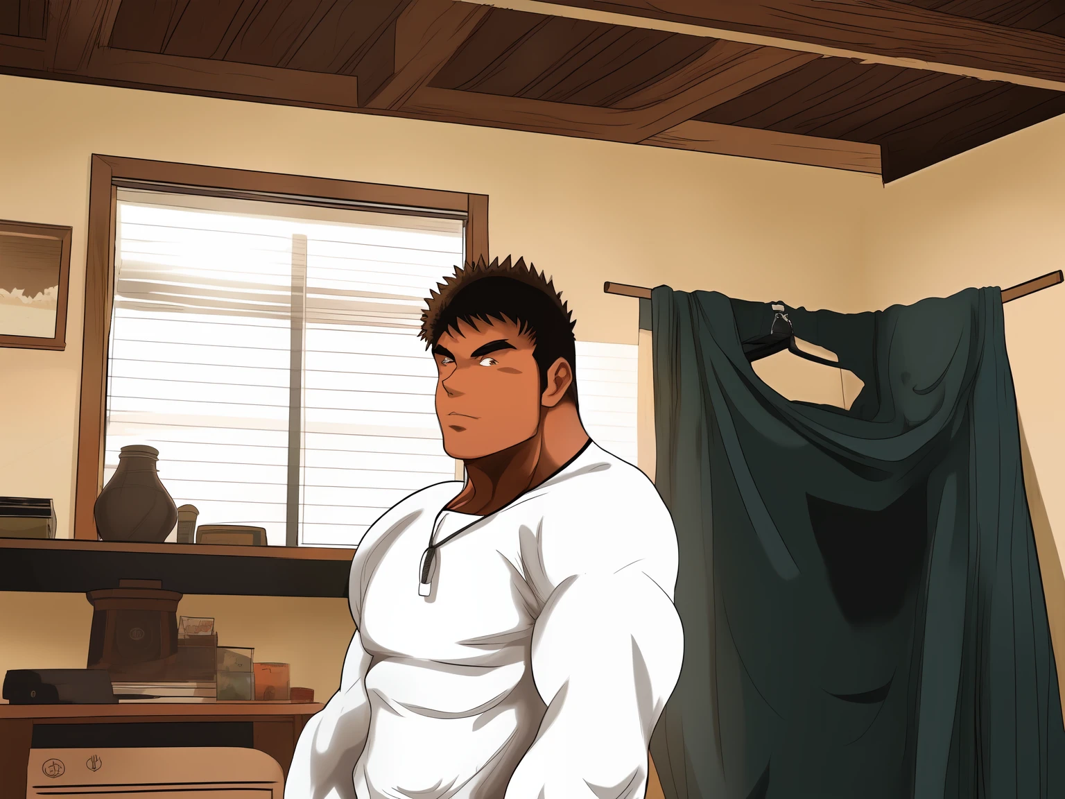 (((arte estilo anime))), There is a man standing in a room with a bed and a dresser, muito lindo. large muscles, large muscles, big muscle, big arms, Big biceps, large muscles, musculoso!!!, massive muscles, extremely muscular, huge muscles, bastante musculoso, ombros grandes, musculoso, very muscular, absurdly massive physique, flexing large muscles, musculoso!!