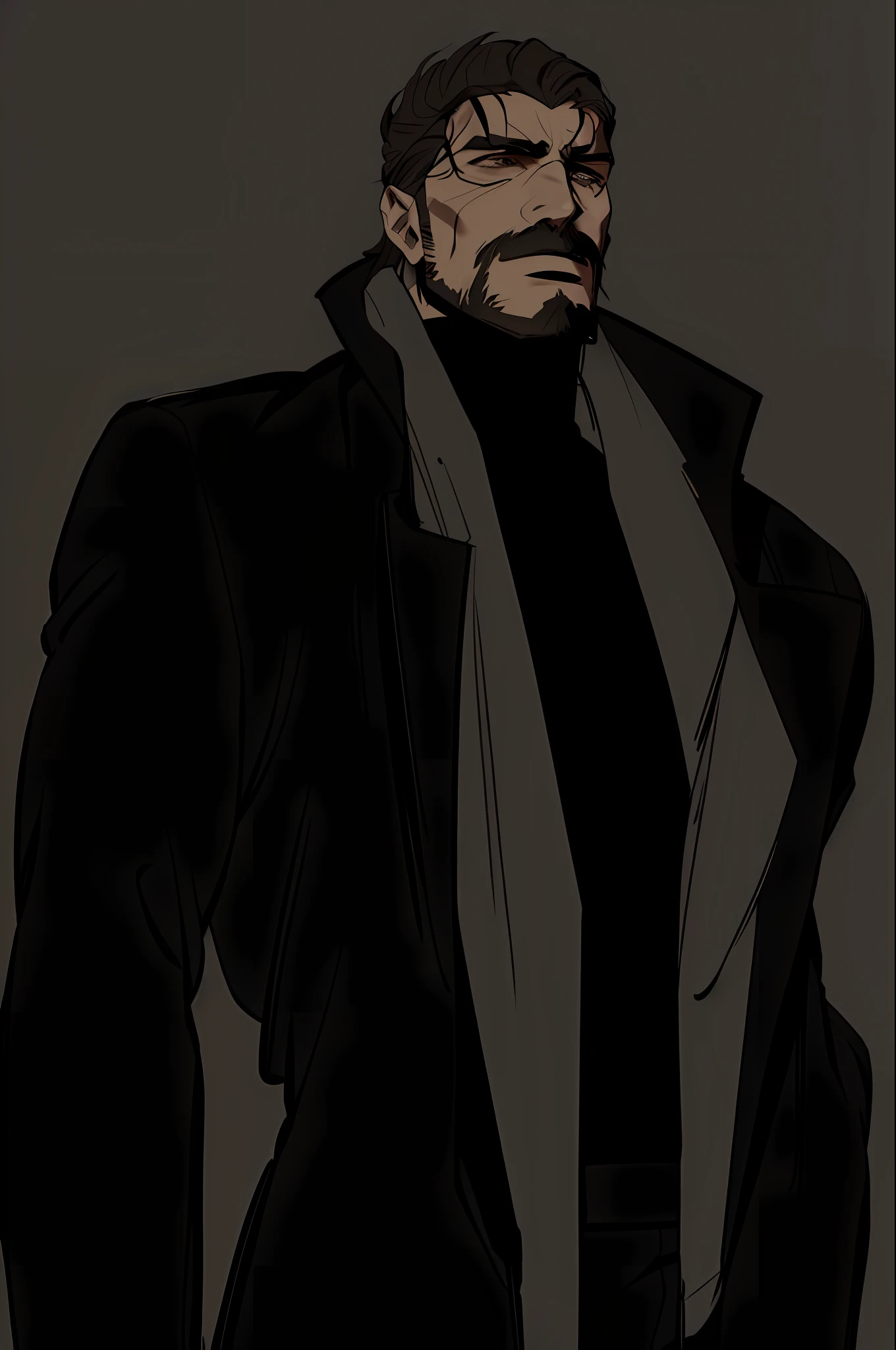 um desenho de um homem de terno e gravata com barba, Tecnologia batida. Neo Estilo Preto, metal gear solid anime cyberpunk, desenhado em um estilo neo - noir, metal gear solid art style, Retrato de Adam Jensen, Hideaki ano anime, Neo Estilo Preto, design de personagens do mundo do filme noir, Neo - Estilo Preto, design de personagem masculino --auto