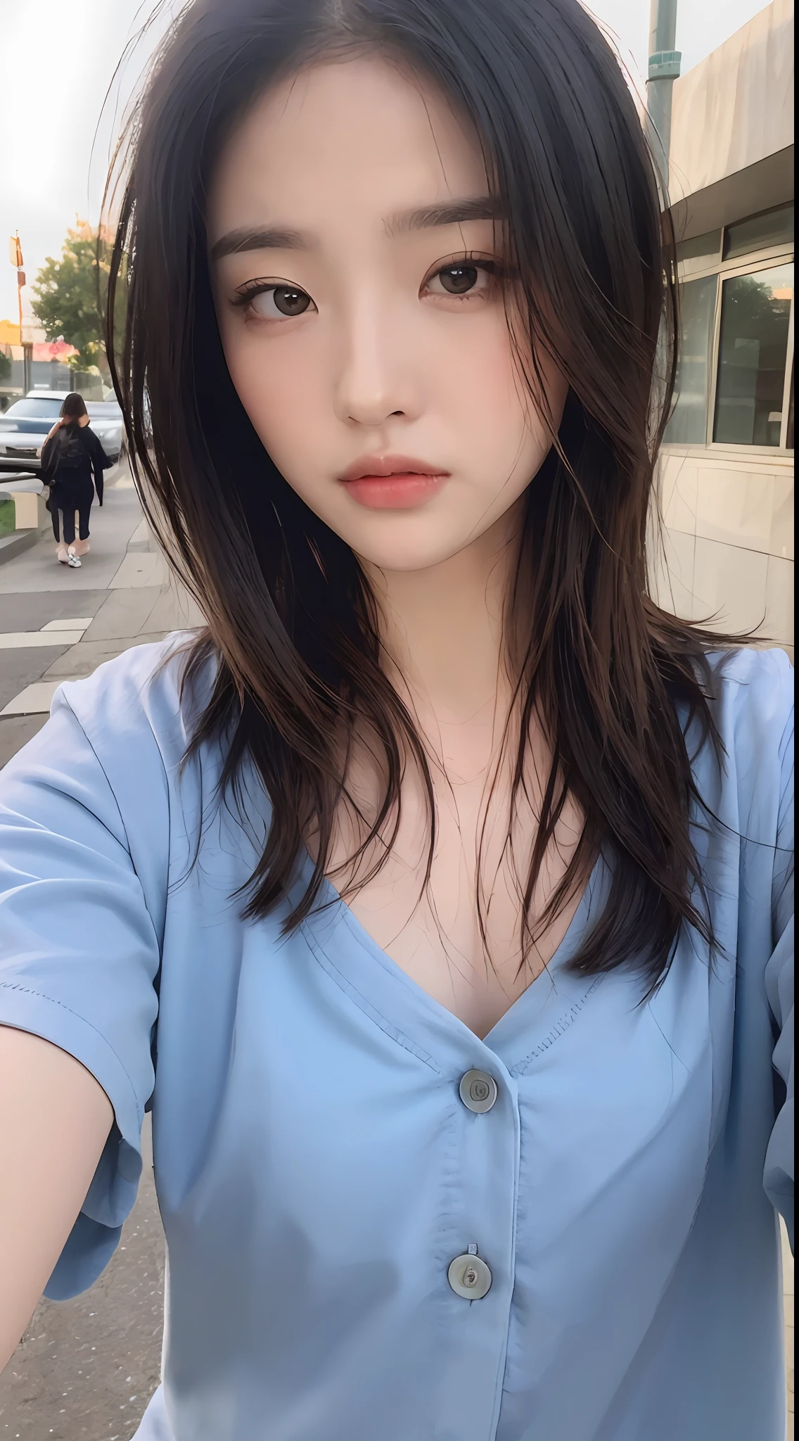((Best Quality, 8K, Masterpiece: 1.3)), Sharp: 1.2, Perfect Body Beauty: 1.4, Slim Abs: 1.2, ((Layered Hairstyle, :1.2)), (White Button Short Sleeve Shirt: 1.1), (Street: 1.2), Wet: 1.5, Highly detailed face and skin texture, Fine eyes, double eyelids, looking at the camera