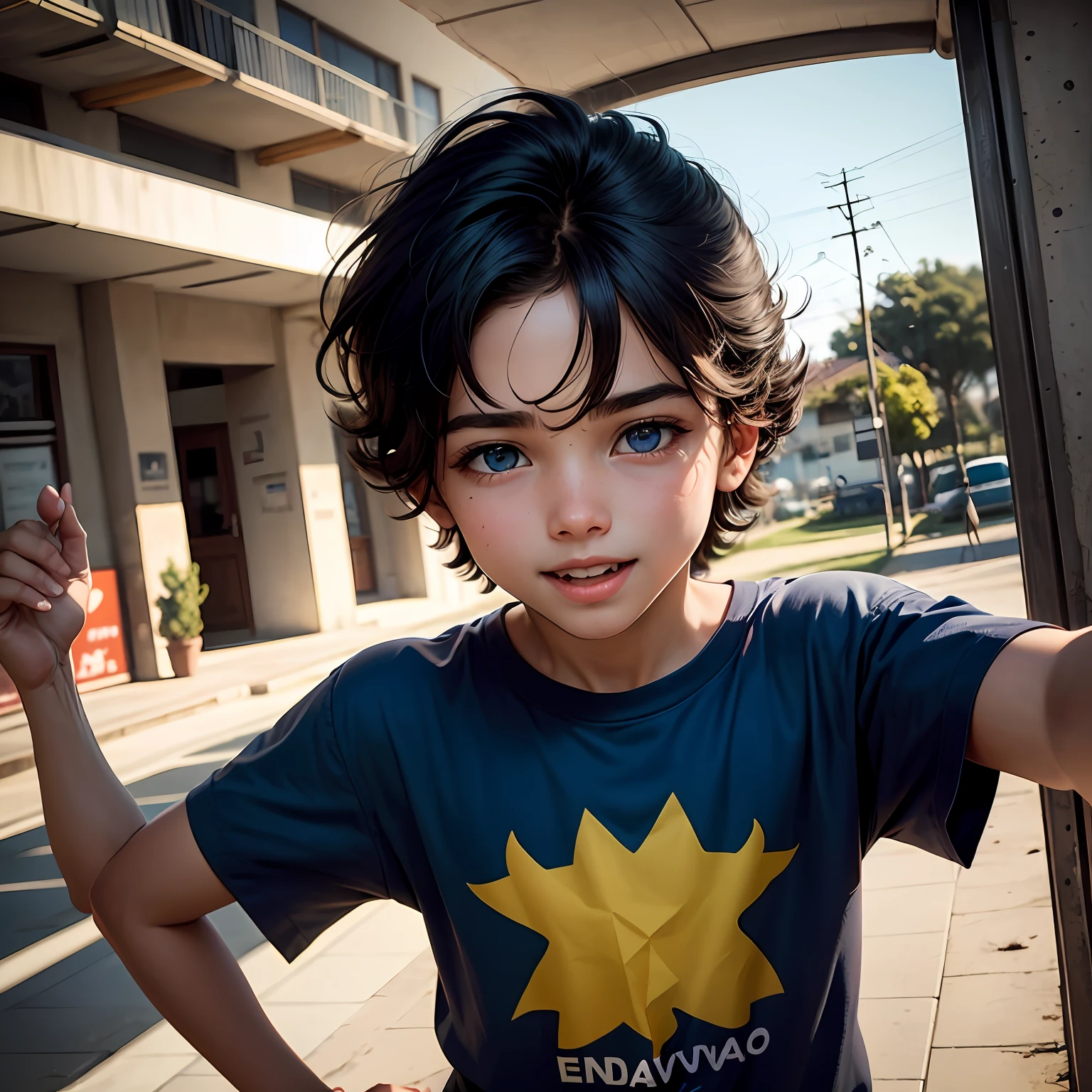 menino de 13 anos, com poderes azul olhos de trovao, e rodeado com uma energia azul ((andando)) feliz