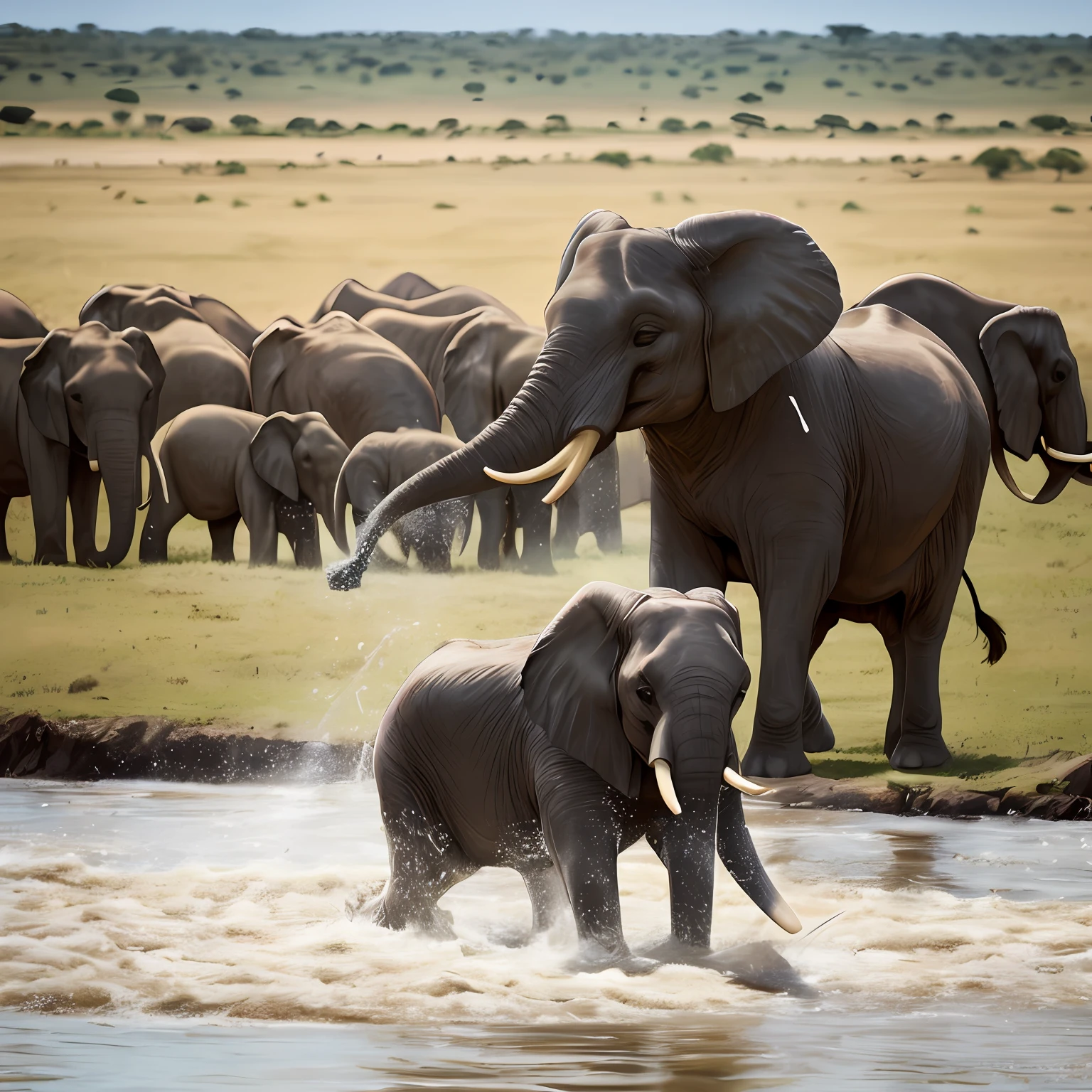 Imagine prompt: A young girl elephant playfully splashing water in a watering hole amidst the vast grasslands of Africa. Descriptive keywords: Joyful, Refreshing, Energetic, Nature's Playground, Wildlife. Camera type: Mirrorless. Camera lens type: Wide-angle lens. Time of the day: Mid-morning. Focal distance: 24mm. Style of photograph: Candid and dynamic. By photographer name: Sarah Johnson. -ar x:y