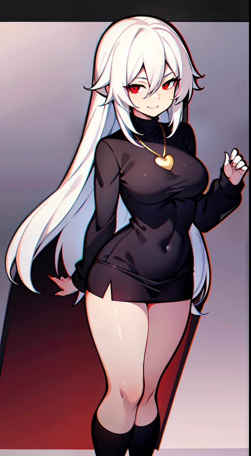 Mature lady with long white hair; medias hasta las rodillas, Black sweater with long neck, Red eyes and small smile, short skirt, cuerpo completo, pechos grandes, flequillo entre los ojos, Golden heart necklace, NSFW