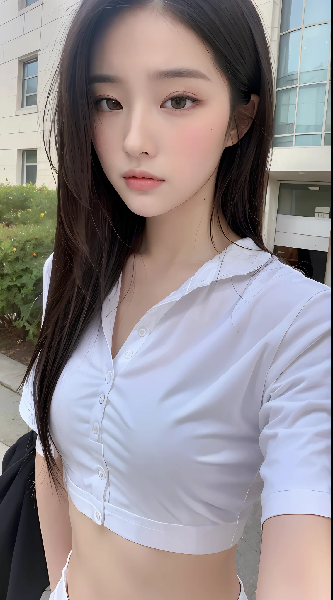 ((Best Quality, 8K, Masterpiece: 1.3)), Sharp: 1.2, Perfect Body Beauty: 1.4, Slim Abs: 1.2, ((Layered Hairstyle, :1.2)), (White Button Short Sleeve Shirt: 1.1), (Street: 1.2), Wet: 1.5, Highly detailed face and skin texture, Fine eyes, double eyelids, looking at the camera