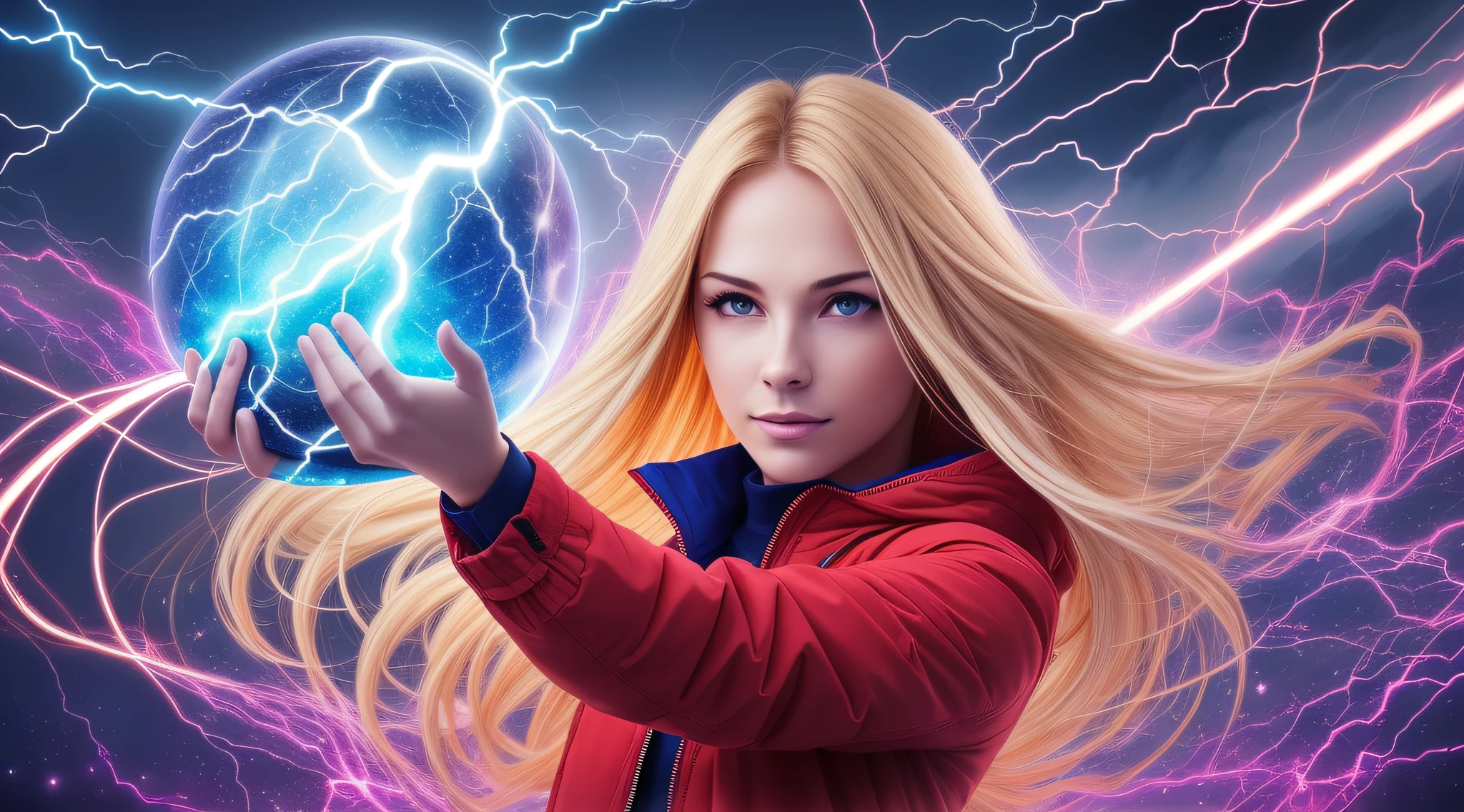 GIRL WITH LONG BLONDE HAIR IN RED JACKETS,WITH a blue ball with lightning in her hand coming out of it, aura of electricity, superpowers of electricity, electric aura, electricity, electric wallpaper, pulsating energy, wires of cosmic energy, lightning of electricity, interdimensional lightning, electrification, blue lightning, spheres of energy, electric, electric, energy emanating and flowing, blue energy, electric sparks, pulsating energy, flowing energy