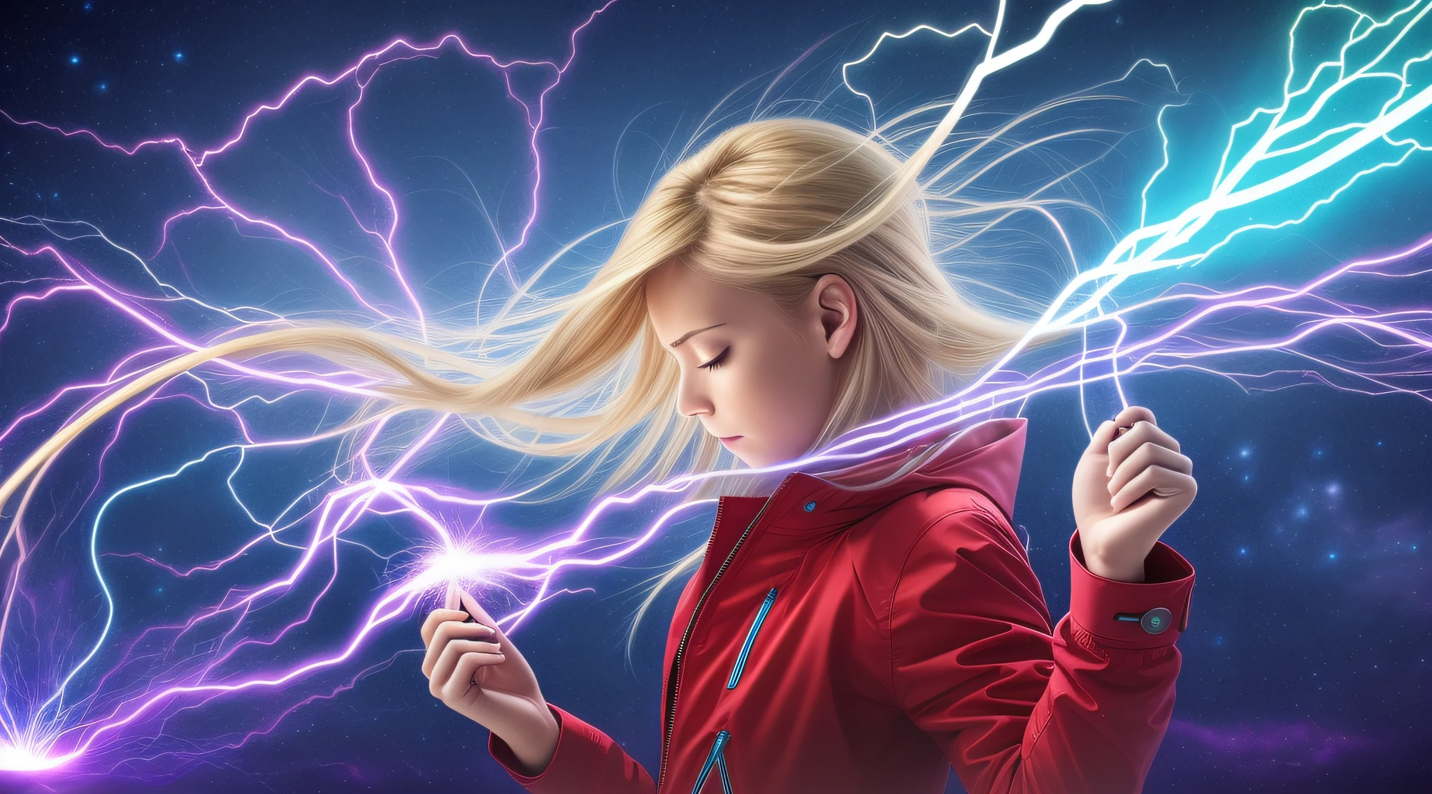 GIRL WITH LONG BLONDE HAIR IN RED JACKETS,WITH a blue ball with lightning in her hand coming out of it, aura of electricity, superpowers of electricity, electric aura, electricity, electric wallpaper, pulsating energy, wires of cosmic energy, lightning of electricity, interdimensional lightning, electrification, blue lightning, spheres of energy, electric, electric, energy emanating and flowing, blue energy, electric sparks, pulsating energy, flowing energy