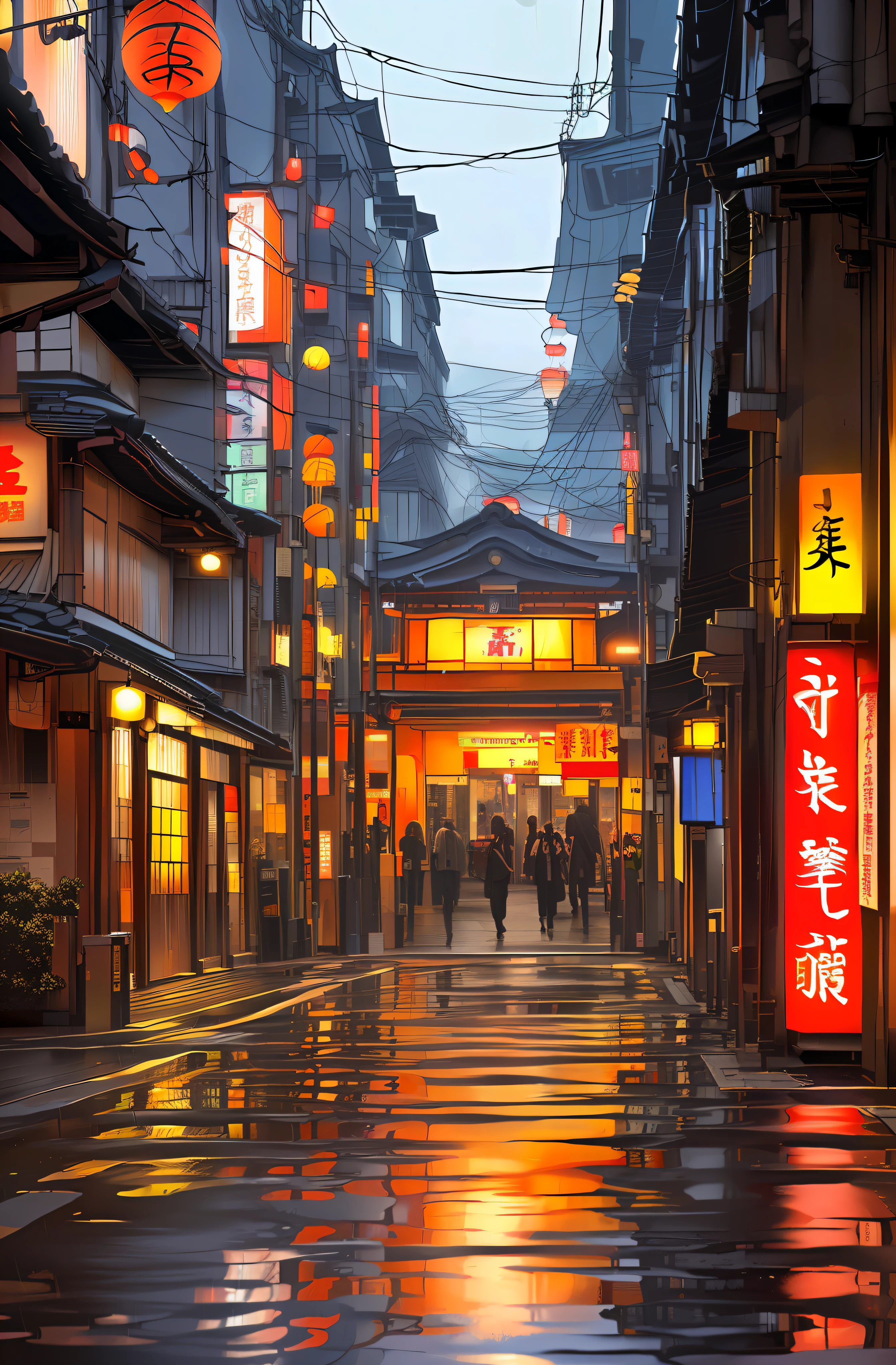 Background vectors for e-books and technology tutorials themed Japan, Tokyo and Akihabara, city at night, Japanese lanterns, 4k, realistic, lights in the reflecting pool, wet floor, rain on the roof, people on the street, ancient Japan, vintage, samurai