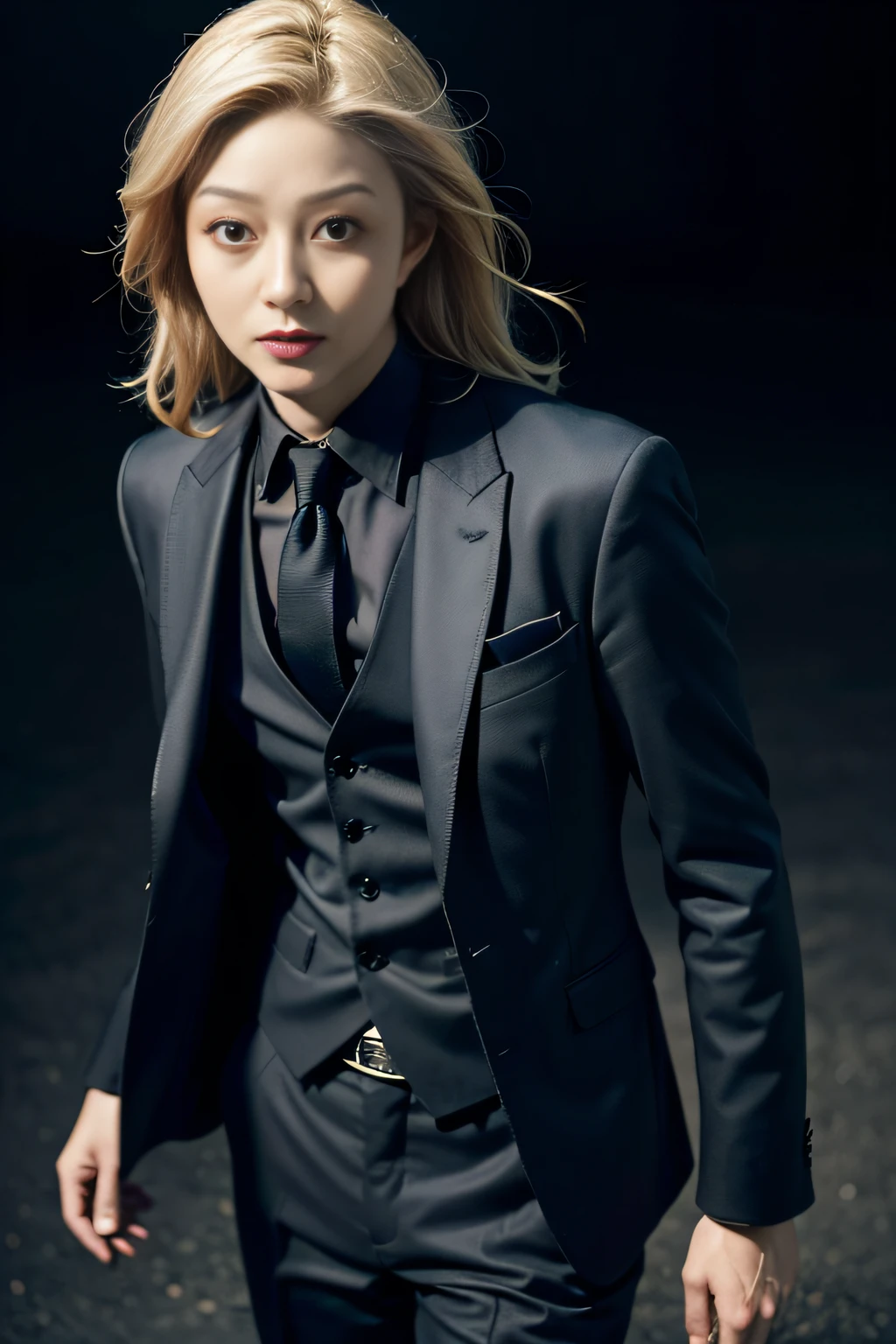 Best quality, masterpiece, ultra high res, (photorealistic:1.4), raw photo, 1girl, blonde hair, blue eyes, detailed eyes and face, black suit, dynamic lighting, in the dark, deep shadow, low key, cowboy shot full-lenght body