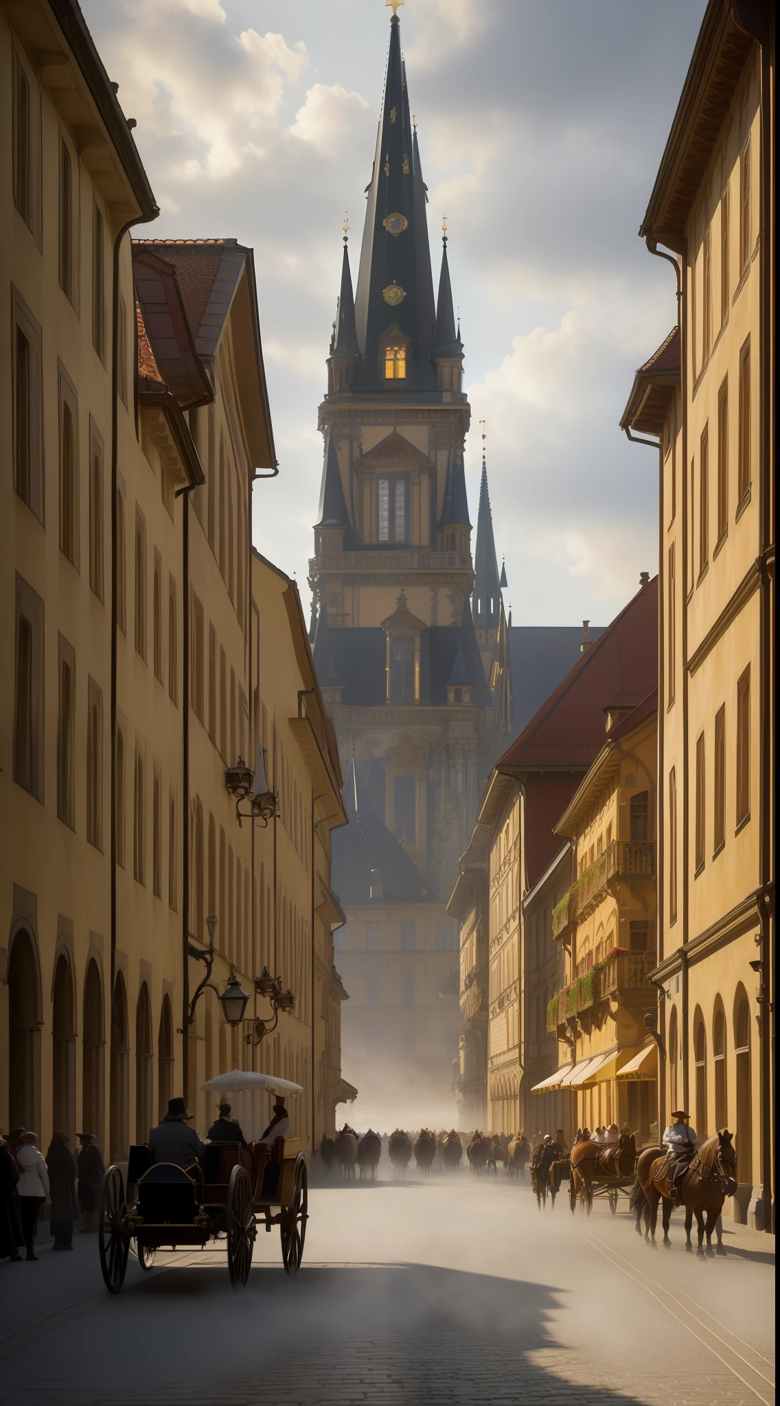 (masterpiece, 8K, UHD, Greg Rutkowski style:1.2), historical Ingolstadt University, (Baroque architecture:1.3), grand entrance, tall spires, golden morning light, cobblestone streets, horse-drawn carriages, scholars in period clothing, bustling activity, vibrant oil painting texture, warm color palette, (sunrays filtering through a misty morning:1.1), tranquil atmosphere, full building view.