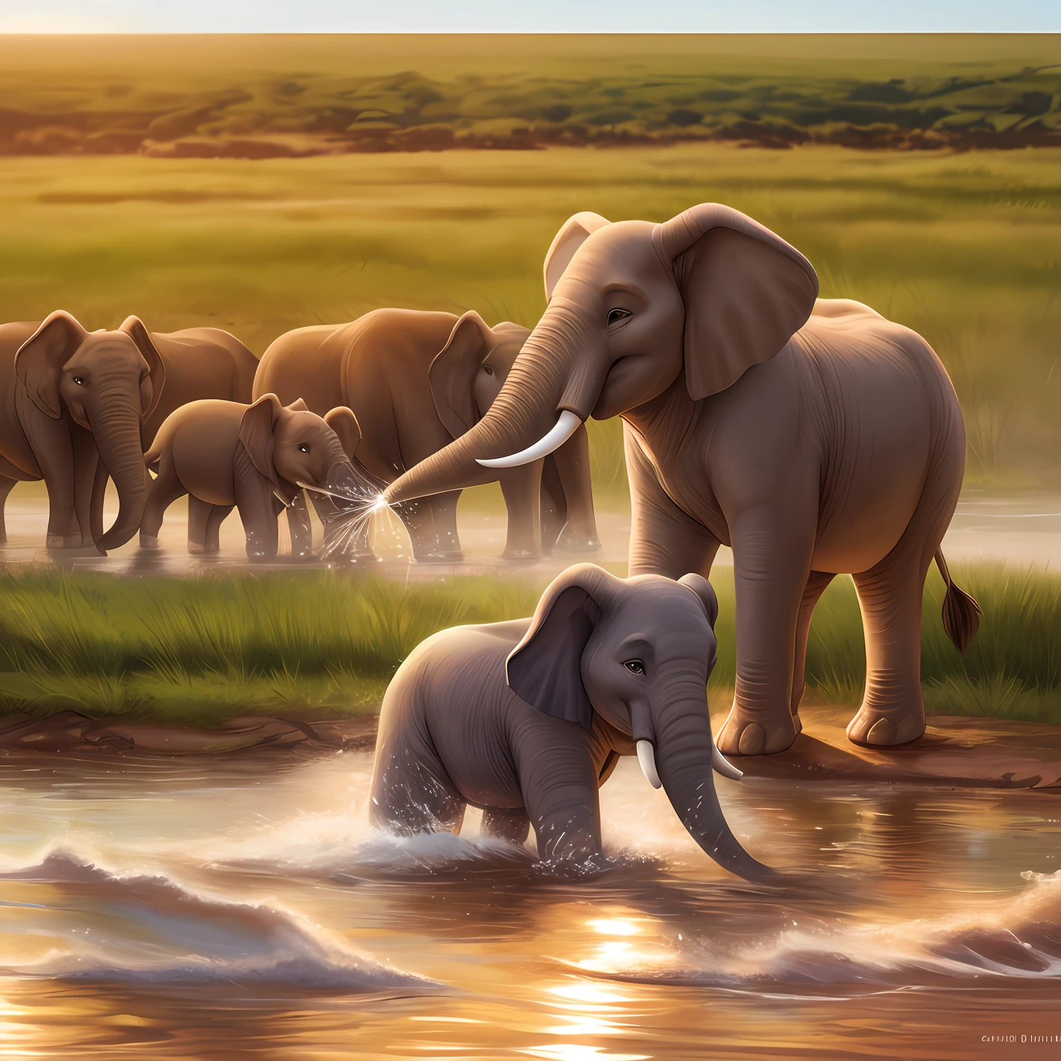 Imagine prompt: A young girl elephant playfully splashing water in a watering hole amidst the vast grasslands of Africa. Descriptive keywords: Joyful, Refreshing, Energetic, Nature's Playground, Wildlife. Camera type: Mirrorless. Camera lens type: Wide-angle lens. Time of the day: Mid-morning. Focal distance: 24mm. Style of photograph: Candid and dynamic. By photographer name: Sarah Johnson. -ar x:y