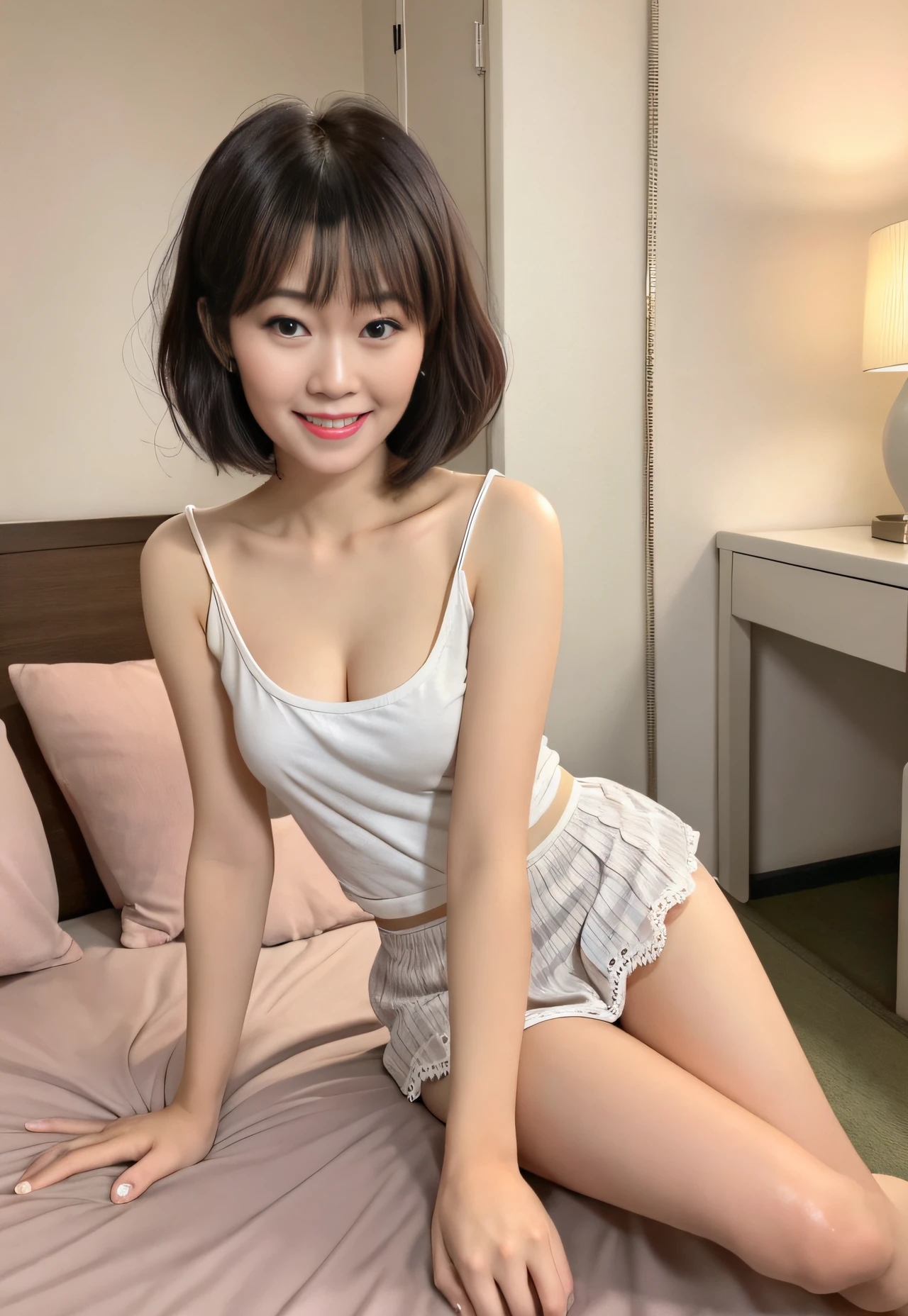 (Photorealistic: 1.4), masterpiece, ultra high resolution, RAW photo, best quality, (hands on chest: 4.0), (open mouthed smile: 4.0), (big smile: 1.5), (white teeth: 2.0), raw photo, Japan beautiful wife 1, 18 years old, pure white skin, petite and six-headed woman, (sexy: 1.4), (cute: 3.0), (eyes with the corners of the eyes down: 2.0), ( Big, round eyes: 3.0), (moisturized eyes: 3.0), (looking at the camera: 3.0), (looking at the front: 2.0), (looking forward: 1.5), (eyebrows falling into a figure eight: 2.0), blush, slender, (black short hair: 1.5), bangs, bangs, exposed breasts, exposed crotch, schoolgirl, miniskirt, panty shots, white lace panties, ( Love hotel room: 3.0),