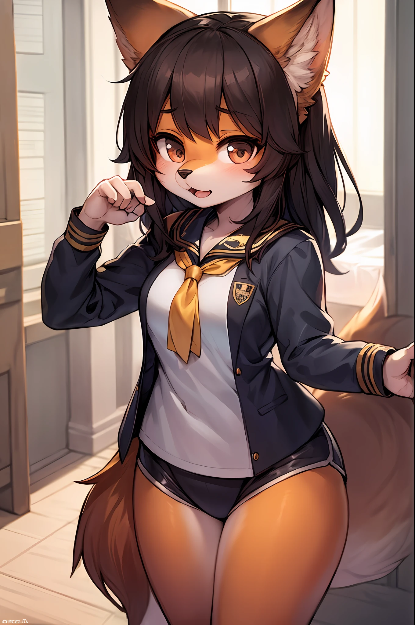 (melhor qualidade, insanely detailed illustration: 1.2), 1girl, (furry:1.2), tareme, (chibi:0.8), fox girl, uniforme escolar, serafuku, gravata borboleta, cauda fofa