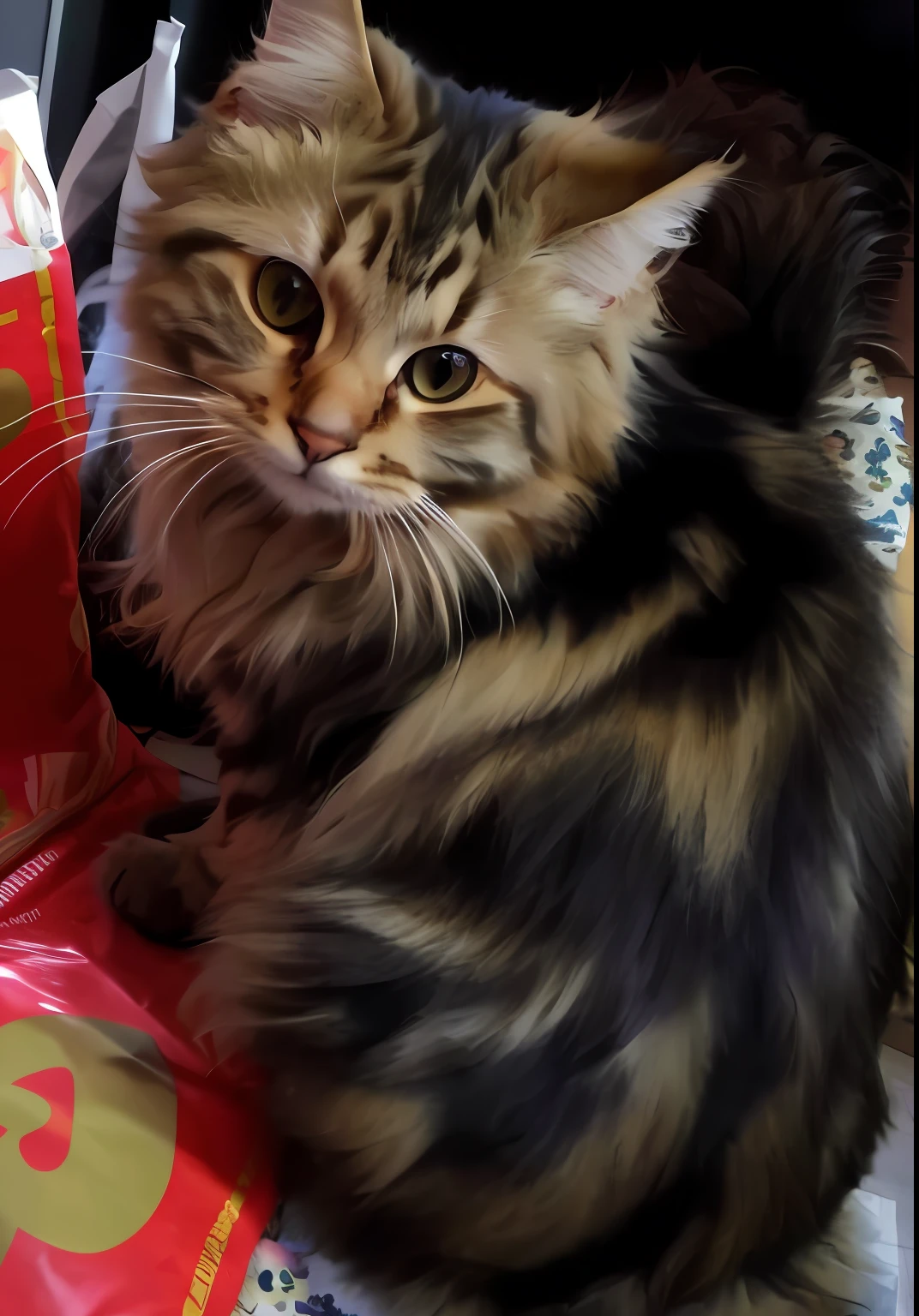 There was a cat sitting on a bag of food, maine coon, high quality upload, anthropomorphic large maine coon, cute furry needs your help, long - haired siberian cat, A handsome, Very handsome, scruffy looking, Sora as a cat, looking towards camera, beautiful picture of stray, exclusive, high-quality picture, proud look --auto