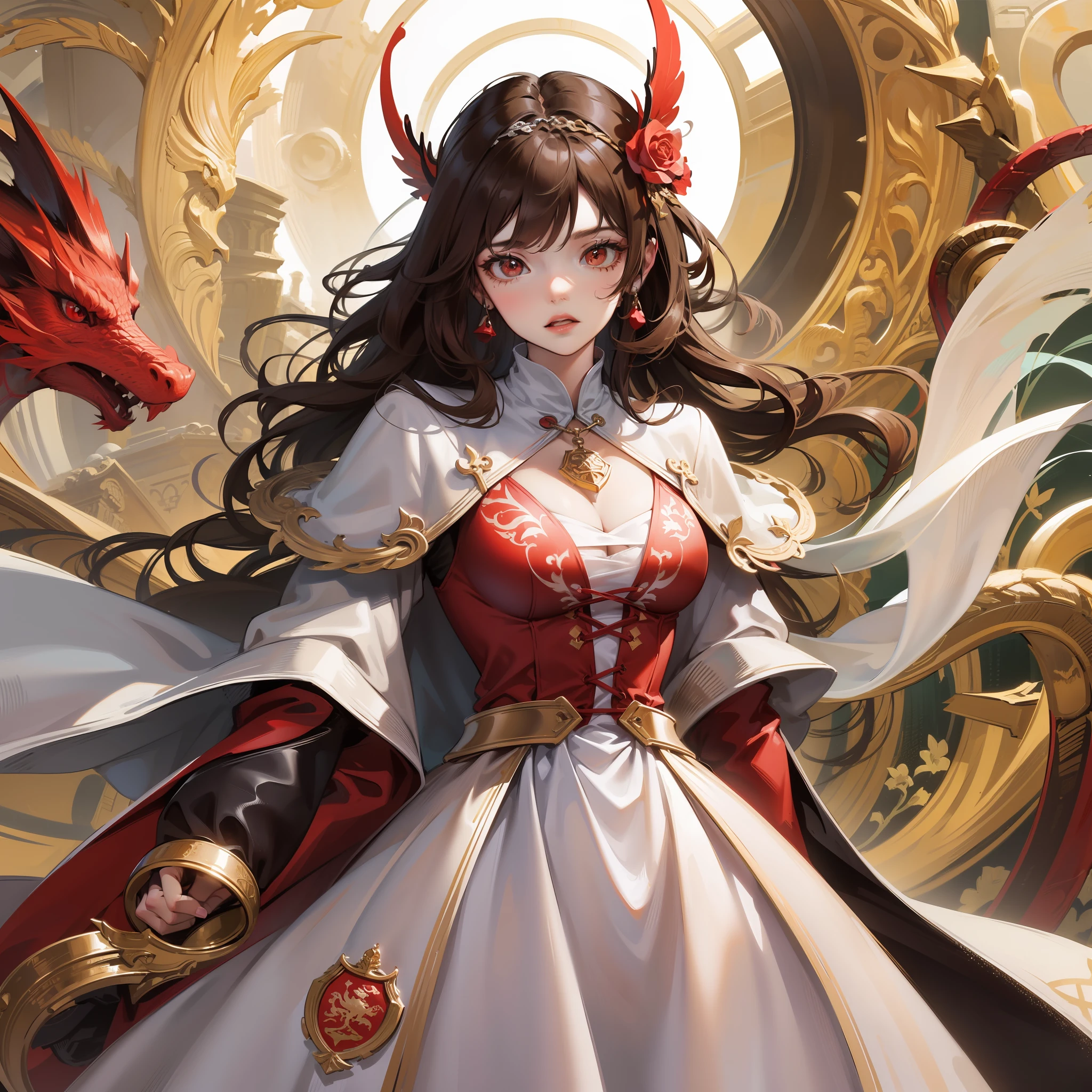 White woman with brown hair and red eyes wearing a white dress with crimson on her dress has a dragon-like coat of arms