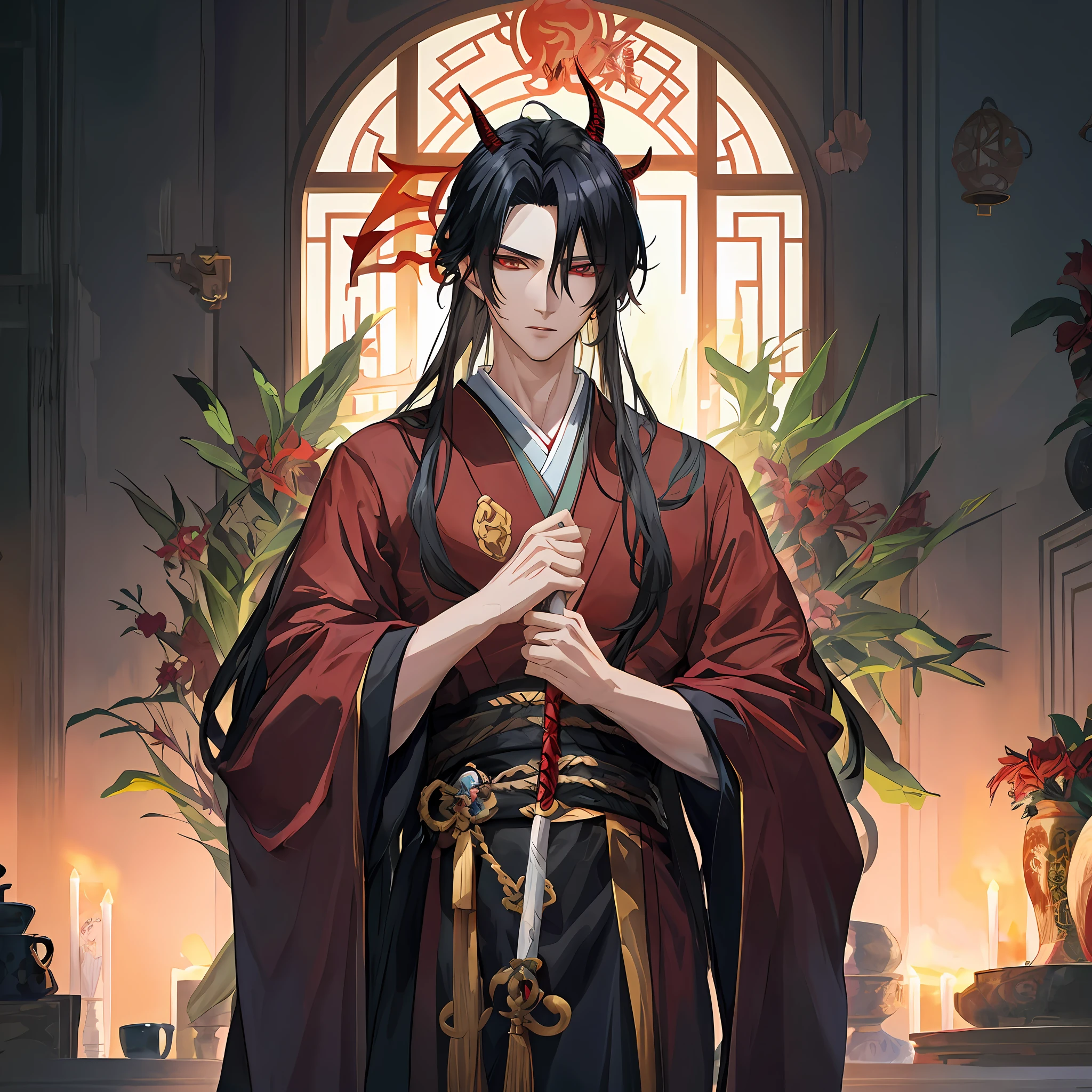 Anime characters standing in front of the window in red robes, handsome guy in demon killer art, handsome japanese demon boy, flowing hair and long robes, Inspired by Bian Shoumin, by Yang J, Anime portrait of a handsome man, Anime handsome man, Beautiful androgynous prince, demon slayer rui fanart, bian lian, Handsome anime pose, heise jinyao