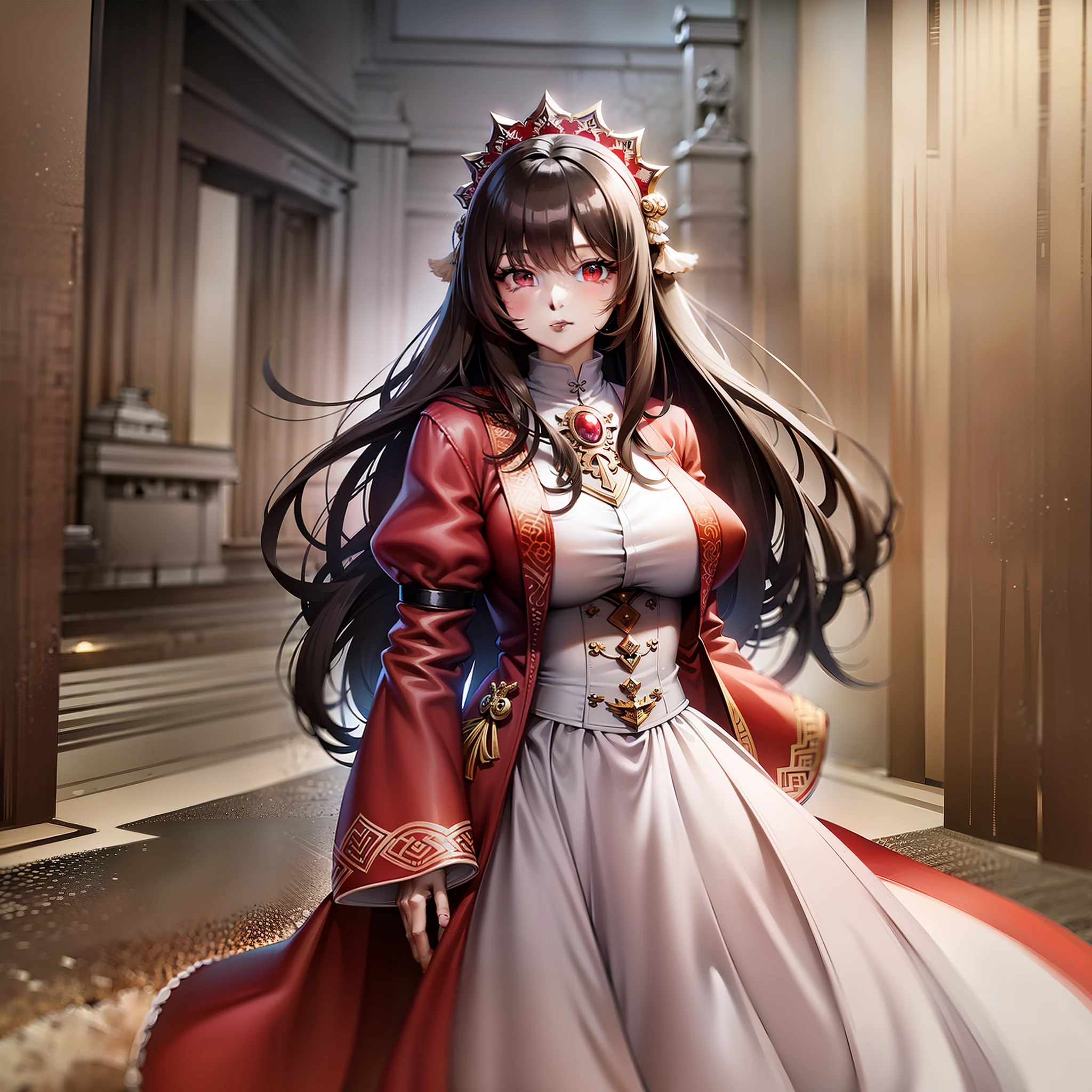 White woman with brown hair and red eyes wearing a white dress with crimson on her dress has a dragon-like coat of arms