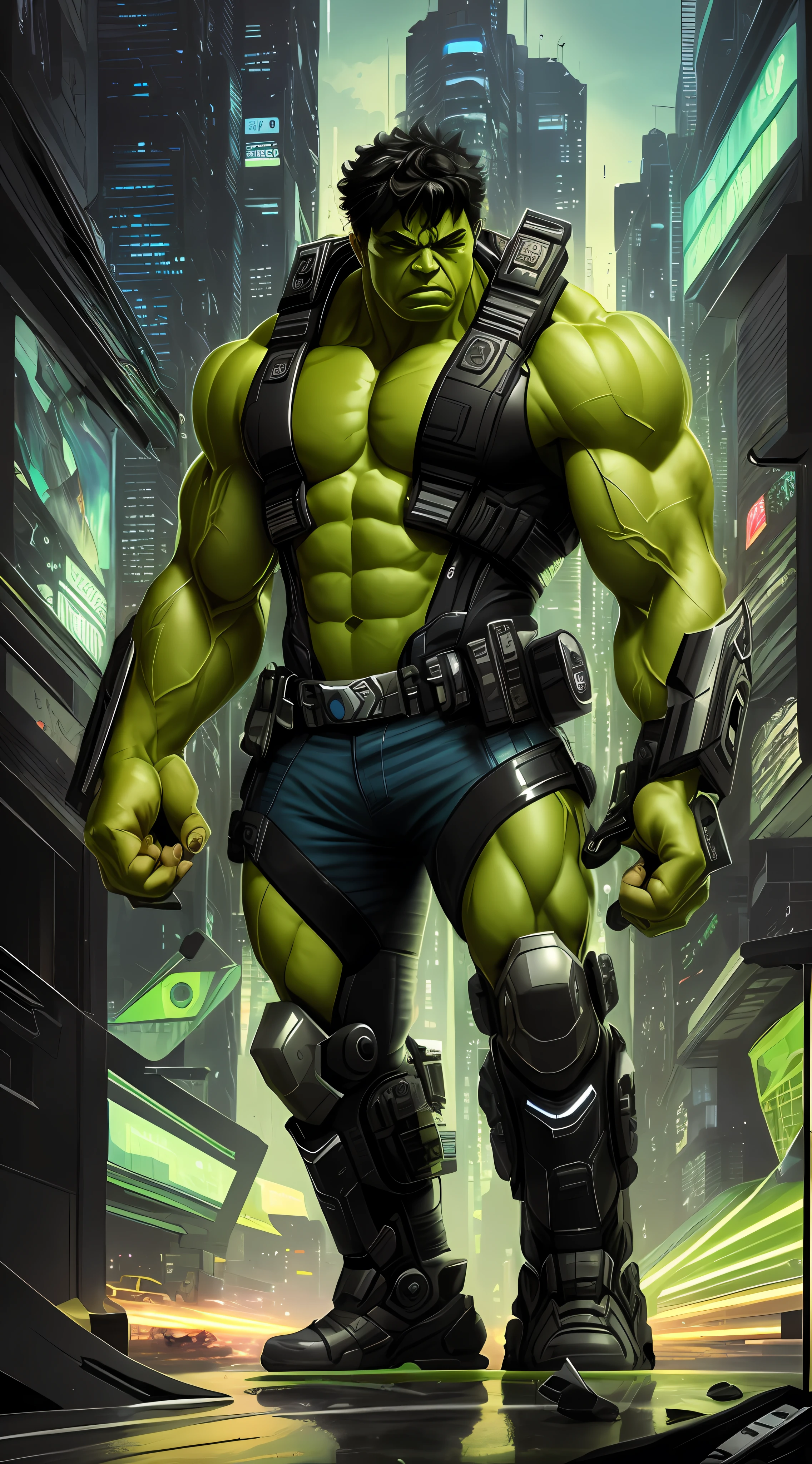 hulk em um traje futurista com uma arma sci - futurista, Hulkish, musculoso! Cyberpunk, 8 k arte conceitual de alto detalhe, Arte conceitual 8K HD, Amazing 8K character concept art, Wojtek FUS, Arte digital altamente detalhada em 4k, Desmedido, Ciborgue morto-vivo masculino musculoso, inspirado em Ryan Barger, Arte digital detalhada em 4k, Retrato do Hulk