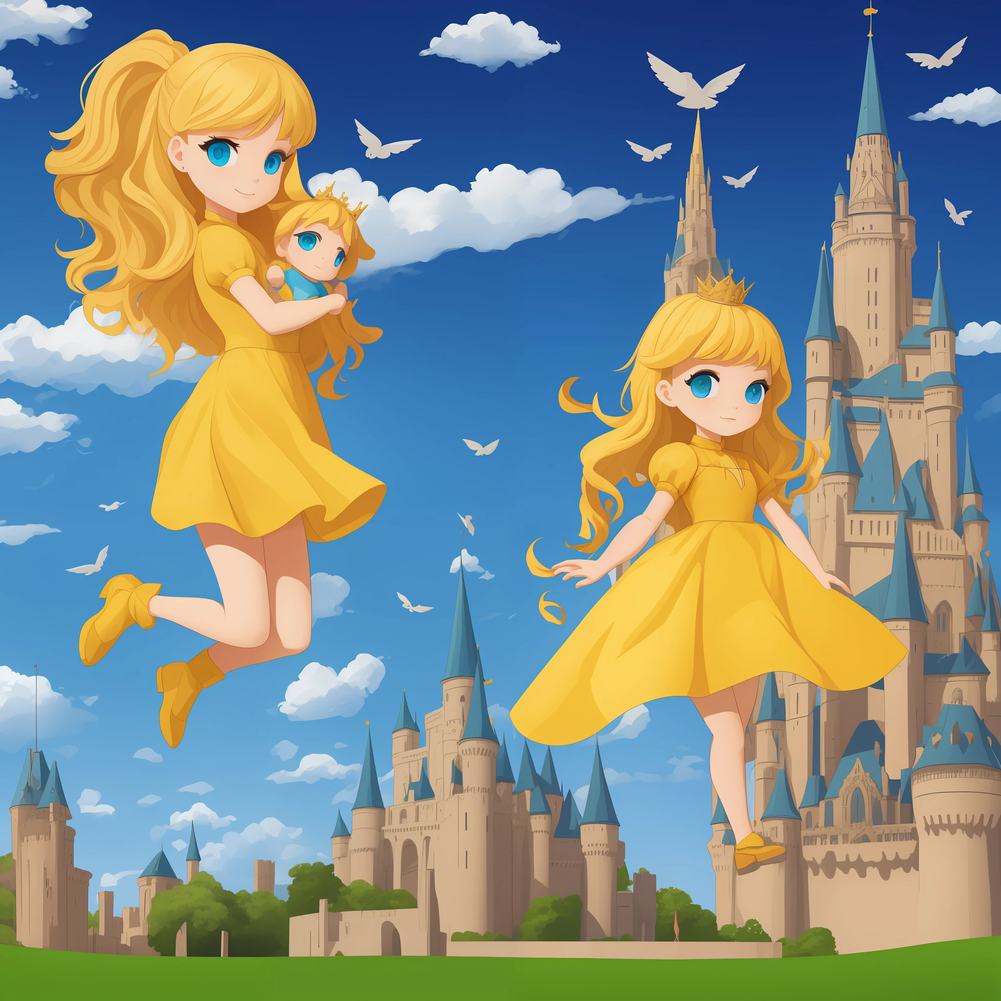 Vector princess doll with green eyes, blonde hair and yellow dress. With a castle in the background and a unicorn flying in the sky. --auto