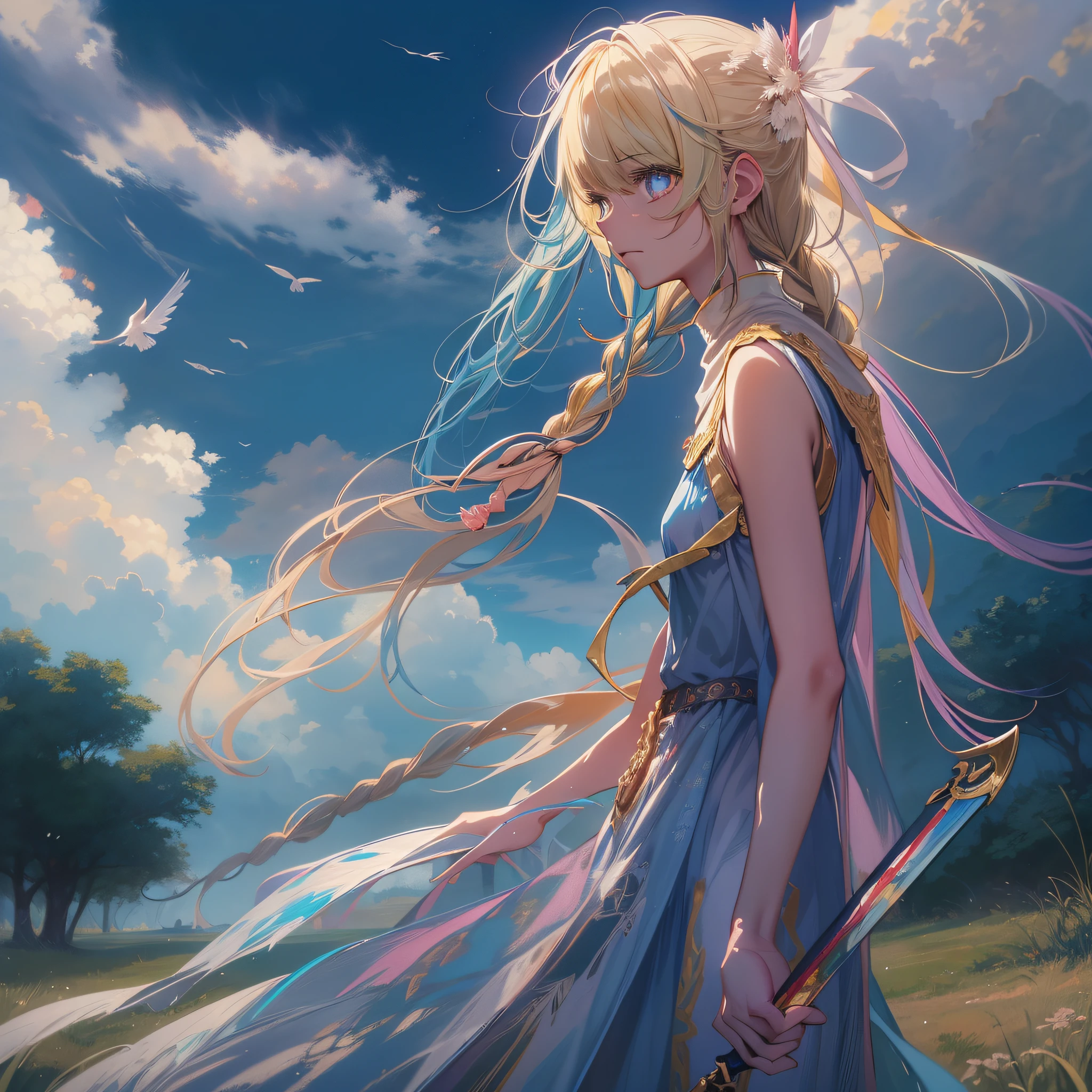 (Beautiful painting style，high qulity，detailed meticulous) The blonde hairpin tied up a strand of blue hair，The eyes are sparkling，Draped in an elegant cape，A young girl stands alone on a vast grassland，A sword cuts through the air with a hand，Take a step forward，It seems to be watching the audience，In the sunlight, she shone with the clouds around her，The fluttering feathers caressed her long braids。