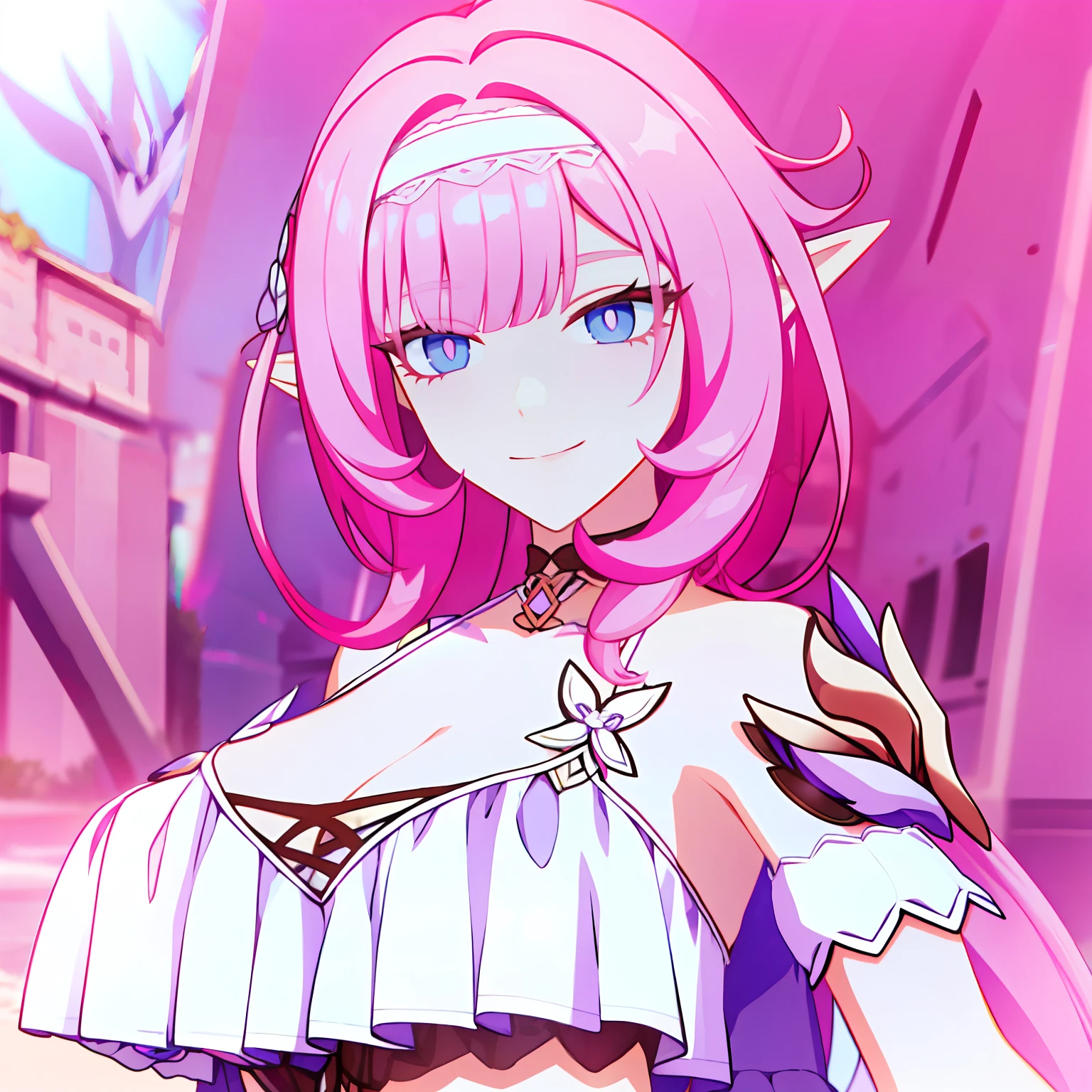 elysia (summer miss elf) (honkai impact), slit pupils, pink pupils, elysia (honkai impact), elf, pointy ears, pink hair, long hair, swimsuit, blue eyes, breasts, cleavage, bangs, smile, bikini, white bikini, jacket, see-through, large breasts, hairband. ponytail