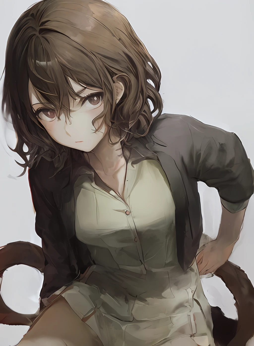 Short hair, slightly curly chestnut hair at the tail，Raised sexy，Deep pupils，