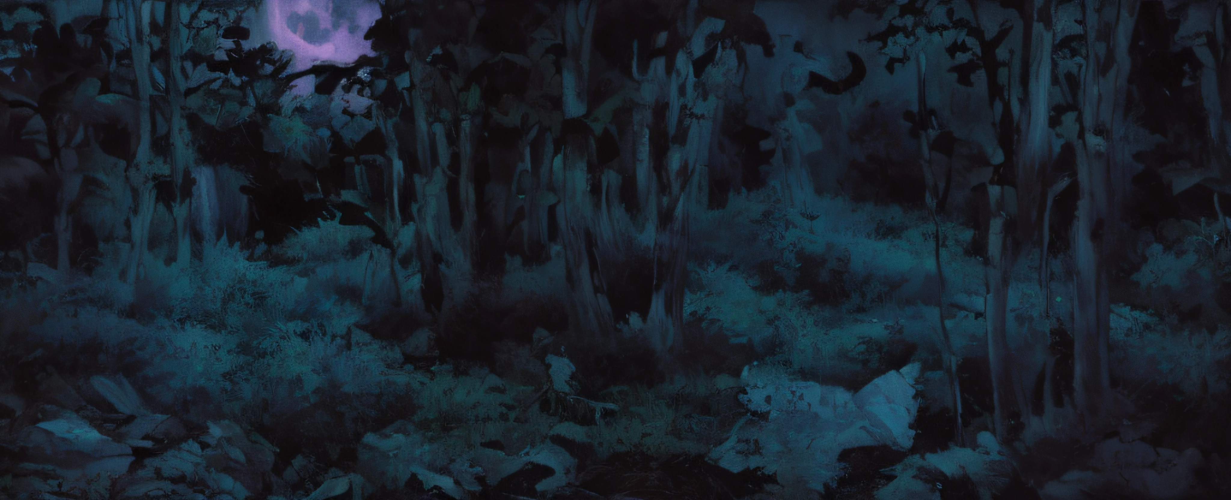 Moon light (((creepy night, mist)))(((blue cool tones))), Oil painting, detailed and intricate, of a dense jungle filled with exotic plants, moon light, (((night creepy, mist))). In the style of Yoshitaka Amano and Hayao Miyazaki, masterpiece, proportional, detailed, trending on artstation, beautiful lighting, realistic, intricate, award winning, 4k, highest quality Award-winning, 4K digital painting in the style of Yoshitaka Amano. Detailed and intricate depiction of a zombie apocalypse, masterfully capturing the chaos and drama of the scene. Beautiful lighting and cinematic composition make this piece a true masterpiece
