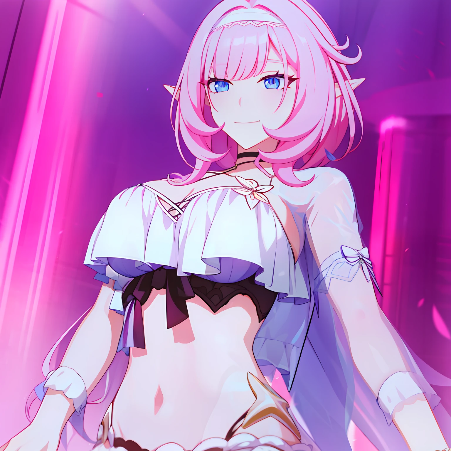 elysia (summer miss elf) (honkai impact), slit pupils, pink pupils, elysia (honkai impact), elf, pointy ears, pink hair, long hair, swimsuit, blue eyes, breasts, cleavage, bangs, smile, bikini, white bikini, jacket, see-through, large breasts, hairband. ponytail