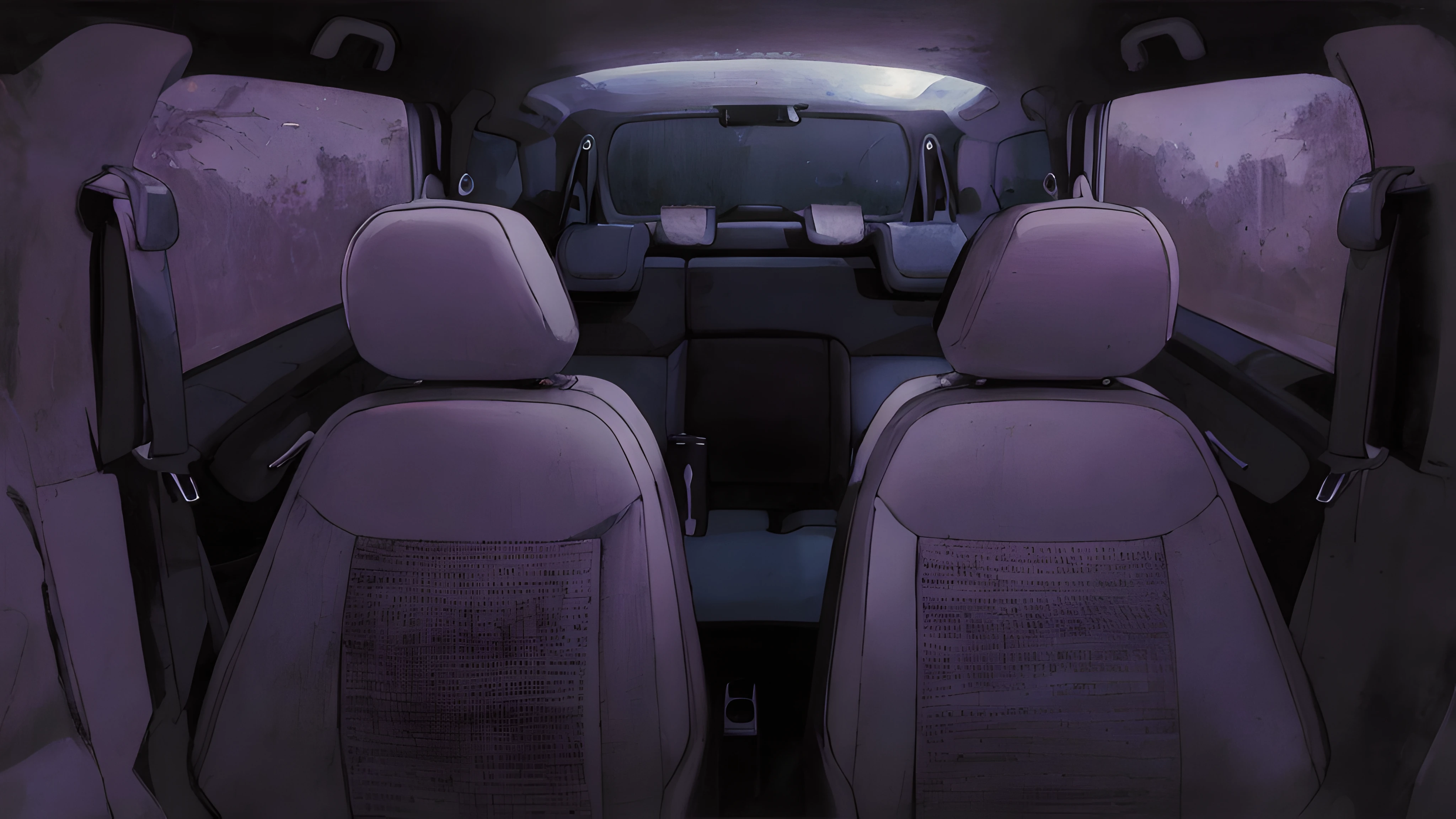 (((interior car))) auto, Luz de luna (((Noche espeluznante, niebla)))(((blue cool tones))), oils, detallado e intrincado, Luz de luna, (((Noche espeluznante, niebla))). Al estilo de Yoshitaka Amano y Hayao Miyazaki, Obra maestra, proporcional, Detallado, tendencias en Artstation, beautiful lighting, realista, intrincado, Galardonado, 4k, Highest Quality Award-Winning, Pintura digital 4K al estilo de Yoshitaka Amano. Detailed and intricate depiction of a zombie apocalypse, capturando magistralmente el caos y el drama de la escena. The beautiful lighting and cinematographic composition make this piece a true masterpiece.