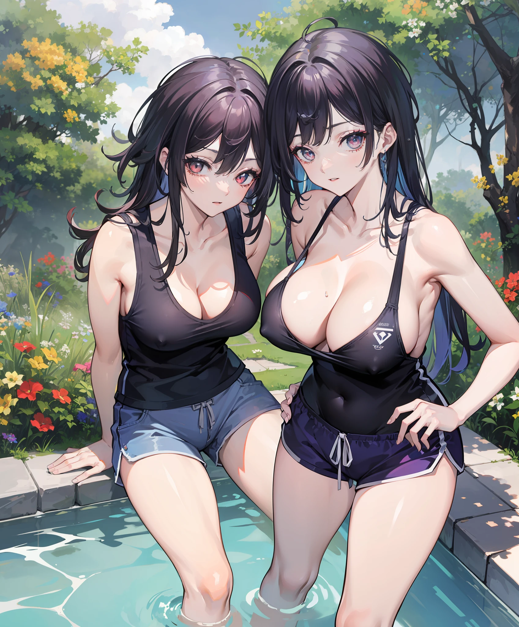 Two girls of different skin colors,plat,Black tank top with super shorts,Sports makeup,Superior private rooms,perspire,Leaning together,Bare chest,Open the umbilicus,big breasts exposed cleavage,By the pool,Exposure of breasts and female genitalia,the clothes are soaked