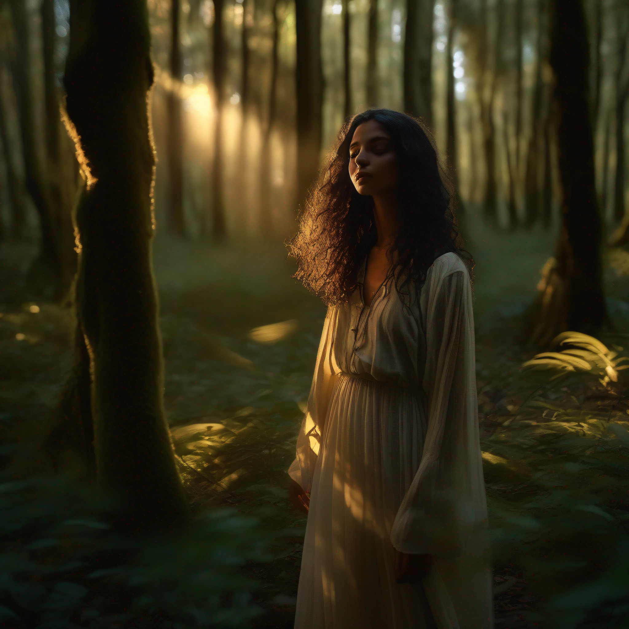 Beautiful 23-year-old woman with black eyes and hair stands in a quiet forest at sunrise, surrounded by majestic trees and a gentle breeze that sways the leaves. Os raios dourados de sol filtram-se entre os galhos, Creating a dance of light and shadows on the moss-covered ground. A small clearing in front of you reveals a crystal clear stream, where water flows gently over stones polished by time. Birds sing soothing melodies while colorful butterflies dance in the air. You feel enveloped by the serenity and beauty of nature around you. Agora, feche os olhos e imagine esta cena ganhando vida em uma imagem ultra realista." --auto