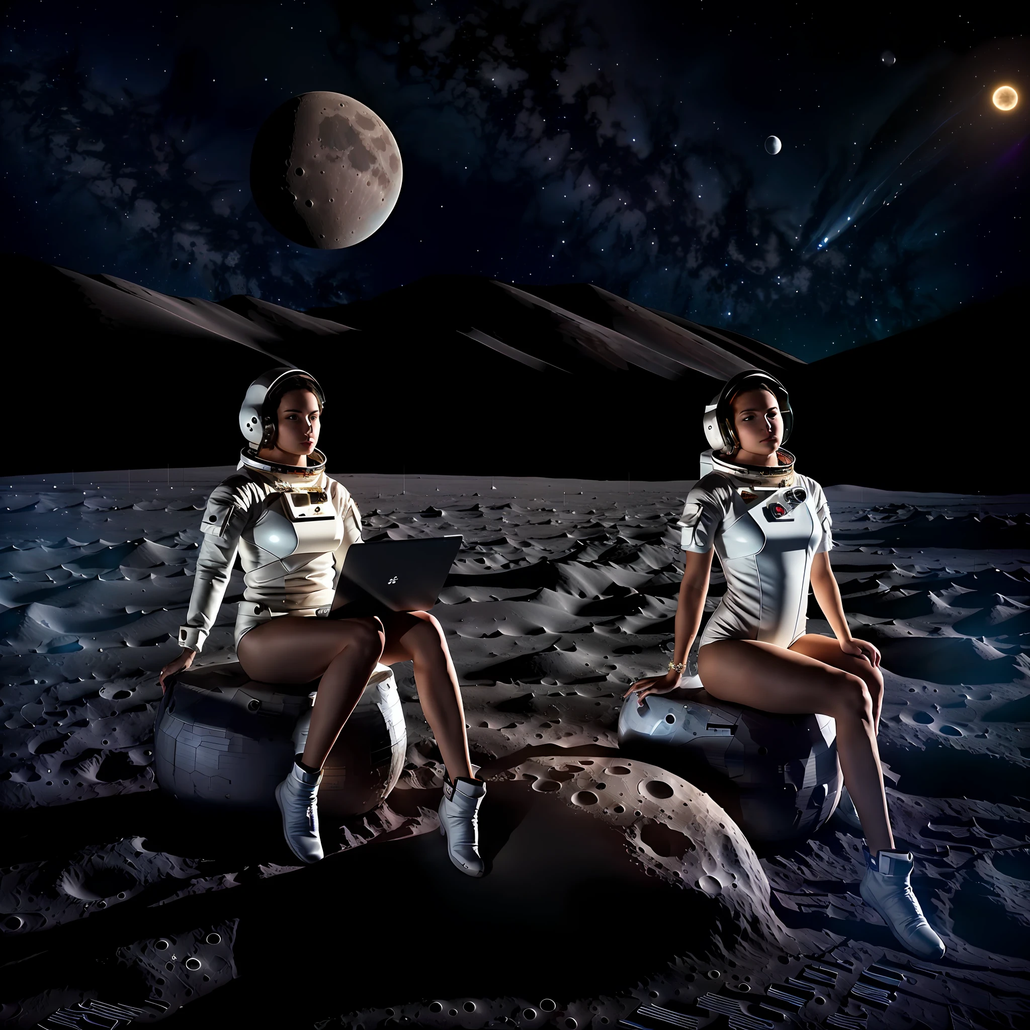 detailing, tmasterpiece, 8K, A girl (in an astronaut costume) sits on the surface of the moon, sexypose, squeezes boobs with both hands
