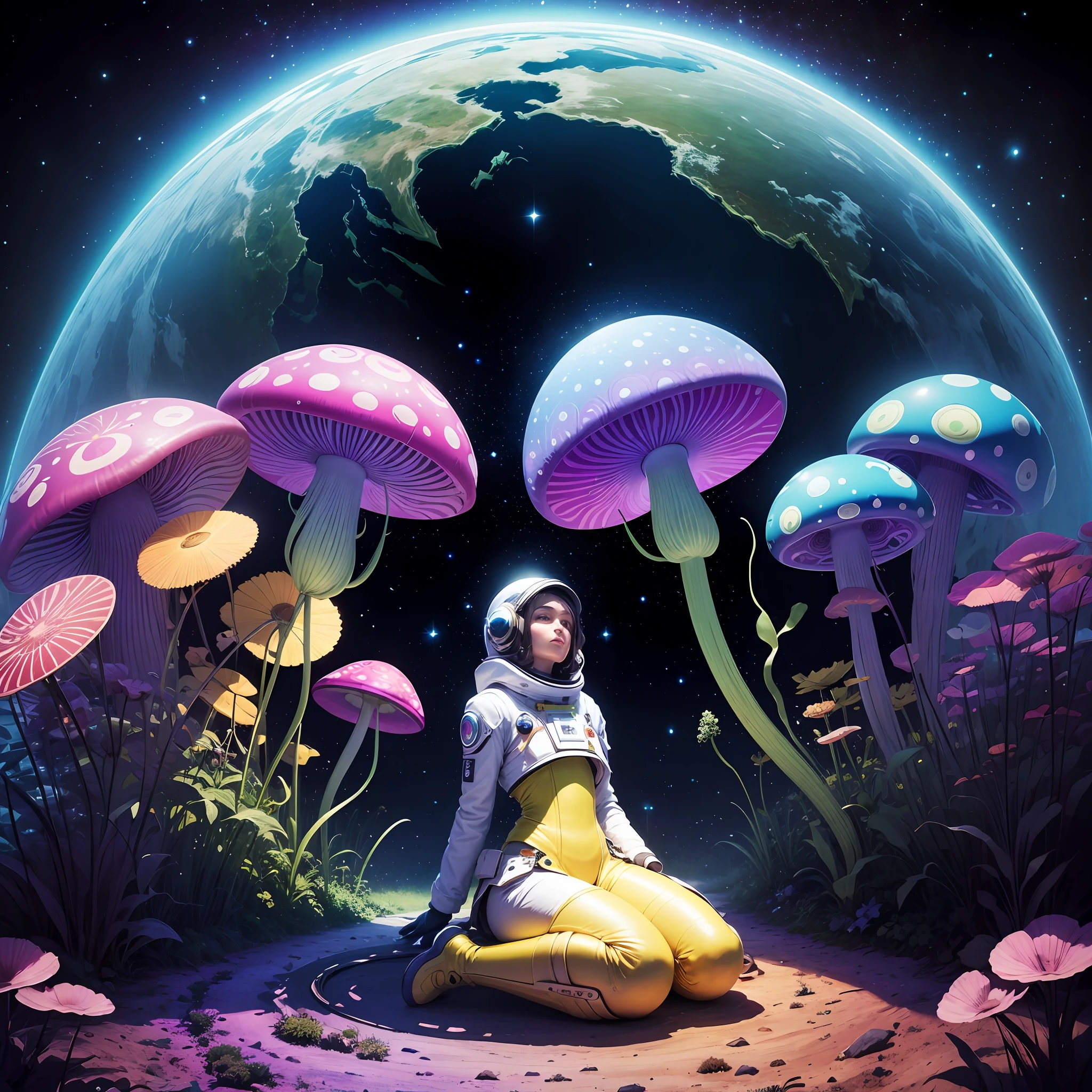Astronauta Arafed sentado em um banco em um jardim com flores, psychedelic aesthetic, em um planeta de folhagem exuberante, psychedelic atmosphere, nave espacial de jardim exuberante, cores vibrantes, psychedelic floral planets, Arte Trippy, cosmic and colorful, lonely astronaut, fantasy space, on a lush fertile alien planet, sitting on the cosmic cloudscape, psychedelic mushrooms dream, nave no fundo tecnologica toda detalhada. --auto