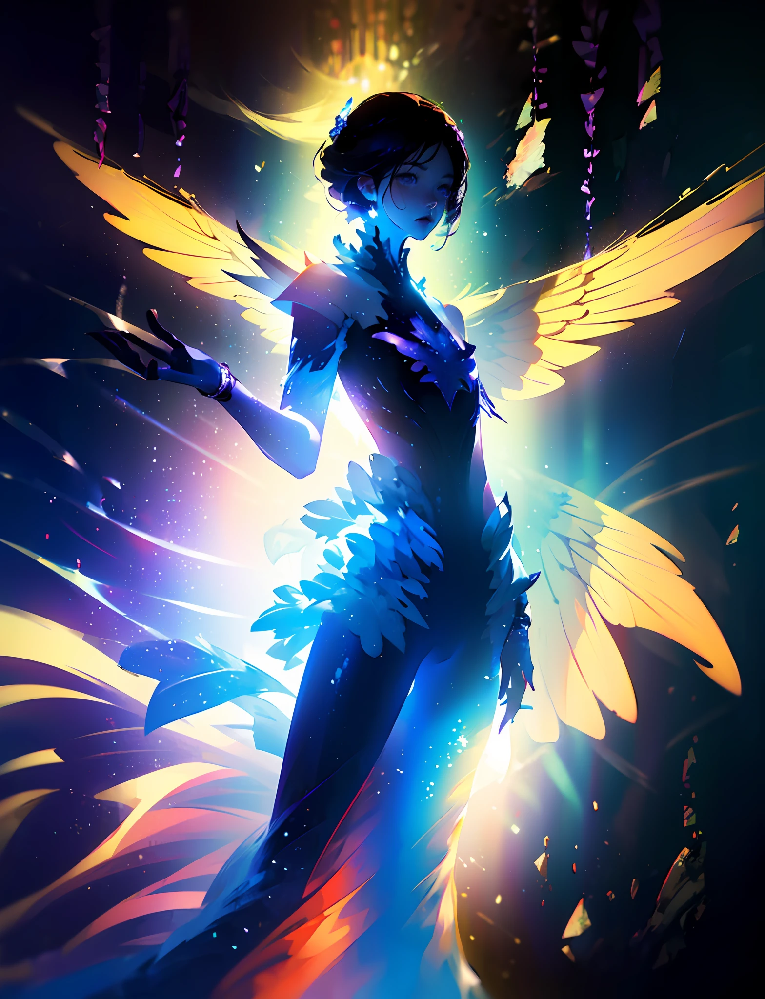 Super masterpiece、8K resolution, Full CG, Ultra-realistic style wings、glowing with a mysterious purple aura,Captivating the viewer ((Majestic white and purple twin wings) splashing off the back、the angel's wings、真实感、Full-HD、3D - 2 --auto