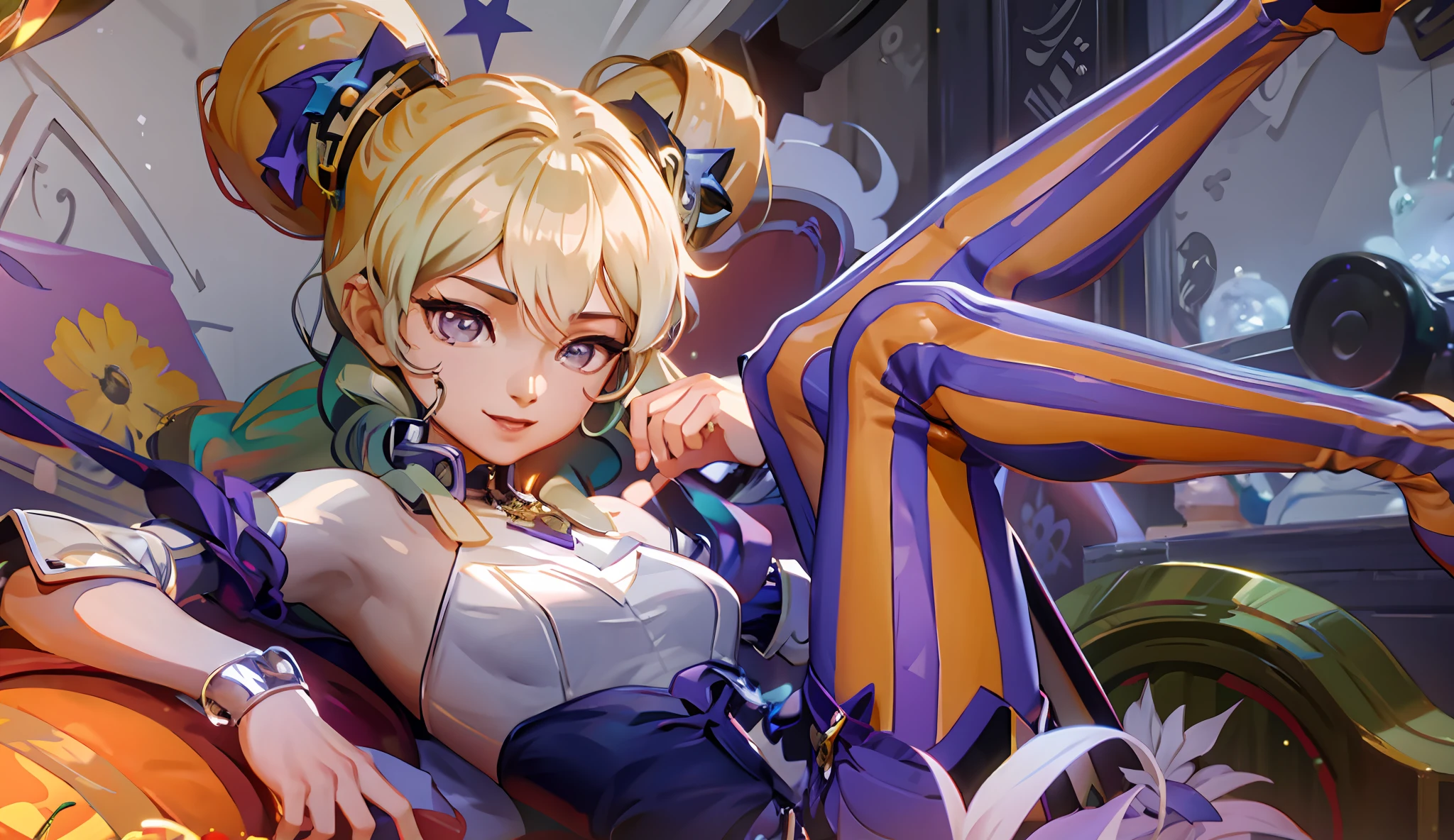 Anime - imagem de estilo de uma mulher em um vestido sentado em uma cadeira, splash arte anime , KDA, cushart krenz arte chave feminina, portrait knights of zodiac girl, Artgerm extremamente detalhado, Orianna, knights of zodiac girl, aj, Lolipacto de Ayaka Genshin, arte oficial, ayaka jogo genshin impact, cabelo amarelo, olhos amarelos, olhos amarelos brilhantes, sorrisos