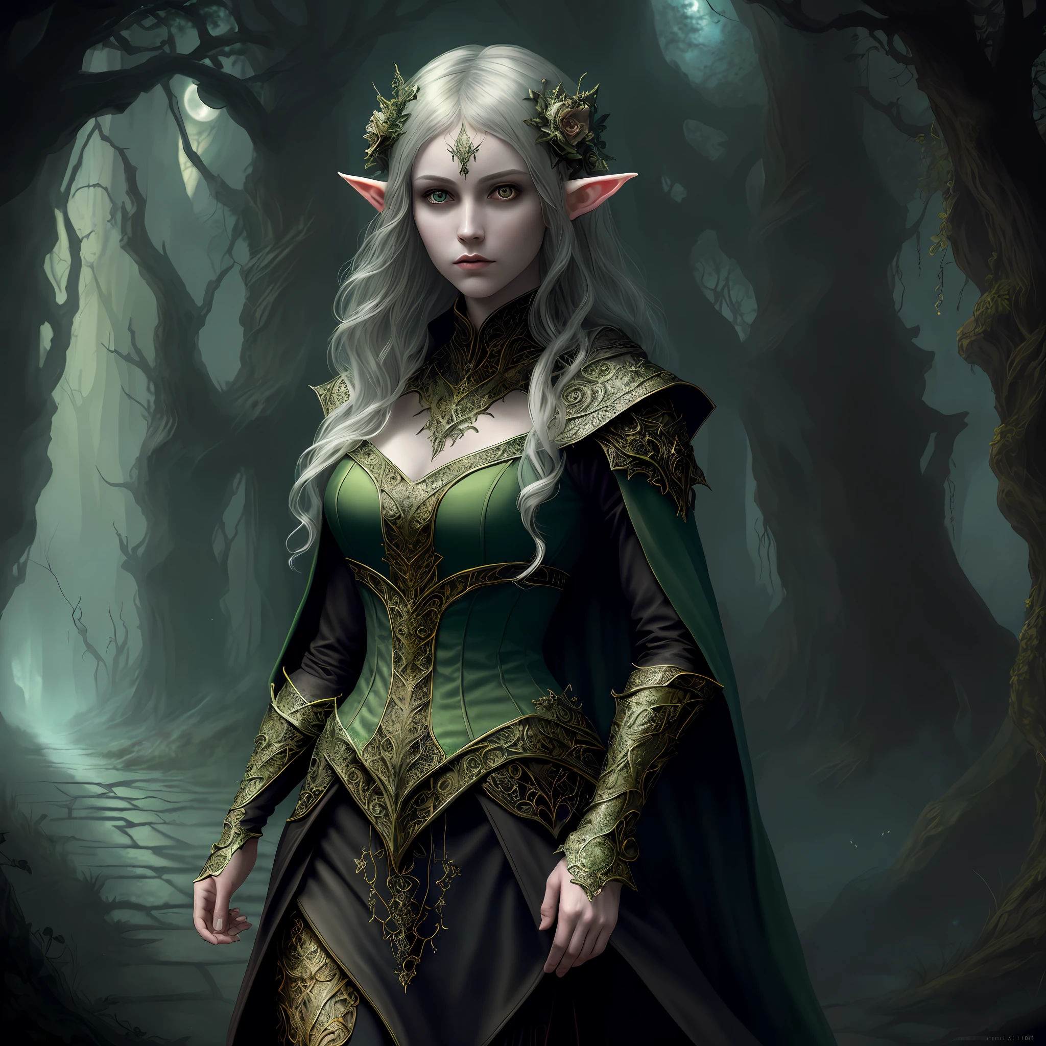 gothic art, dark fantasy art, (masterpiece:1.5), full body intricate details, highly detailed, best quality, highres, portrait of a female, elf (1.6, fantasy art, Masterpiece, best quality), feminine, druid, cleric of nature, (1.4 intricate details, fantasy art, Masterpiece, best quality) with a short brown hair, green eyes, (fantasy art, Masterpiece, best quality), ((beautiful delicate face)), Ultra Detailed Face (1.6 intricate details, fantasy art, Masterpiece, best quality), armed a staff, green cloak, flowing cloak (1.4 intricate details, fantasy art, Masterpiece, best quality), leather armor (1.4 intricate details, fantasy art, Masterpiece, best quality), in fantasy setting forest at night, moon, clouds, dynamic angle, gothic atmosphere, dynamic light, depth of field, soft light, cinematic light, [[anatomically correct]], high details, best quality, 8k, [ultra detailed], masterpiece, best quality, (extremely detailed), dynamic angle