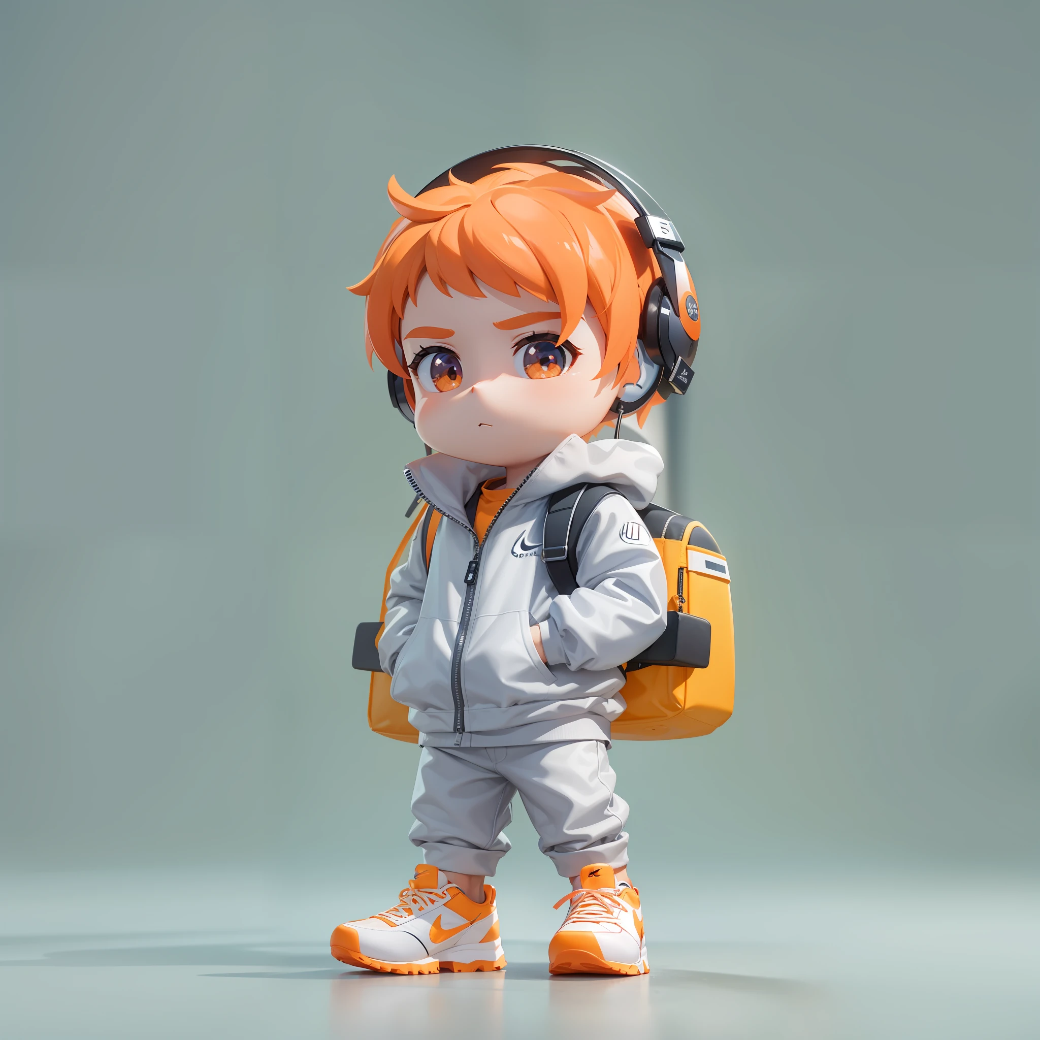 A handsome boy, MD clothing, trendy clothing, fluffy hair, exquisite facial features, Nike shoes, headphones, silver necklace, inflatable backpack, Orange series, clean background, front view, movie lighting, light and shade contrast, ip pop mart blind box, 3d, c4d, oc rendering, chibi, behance, ultra high definition, best quality, 8k --ar 3:4 --niji 5 --style expressive