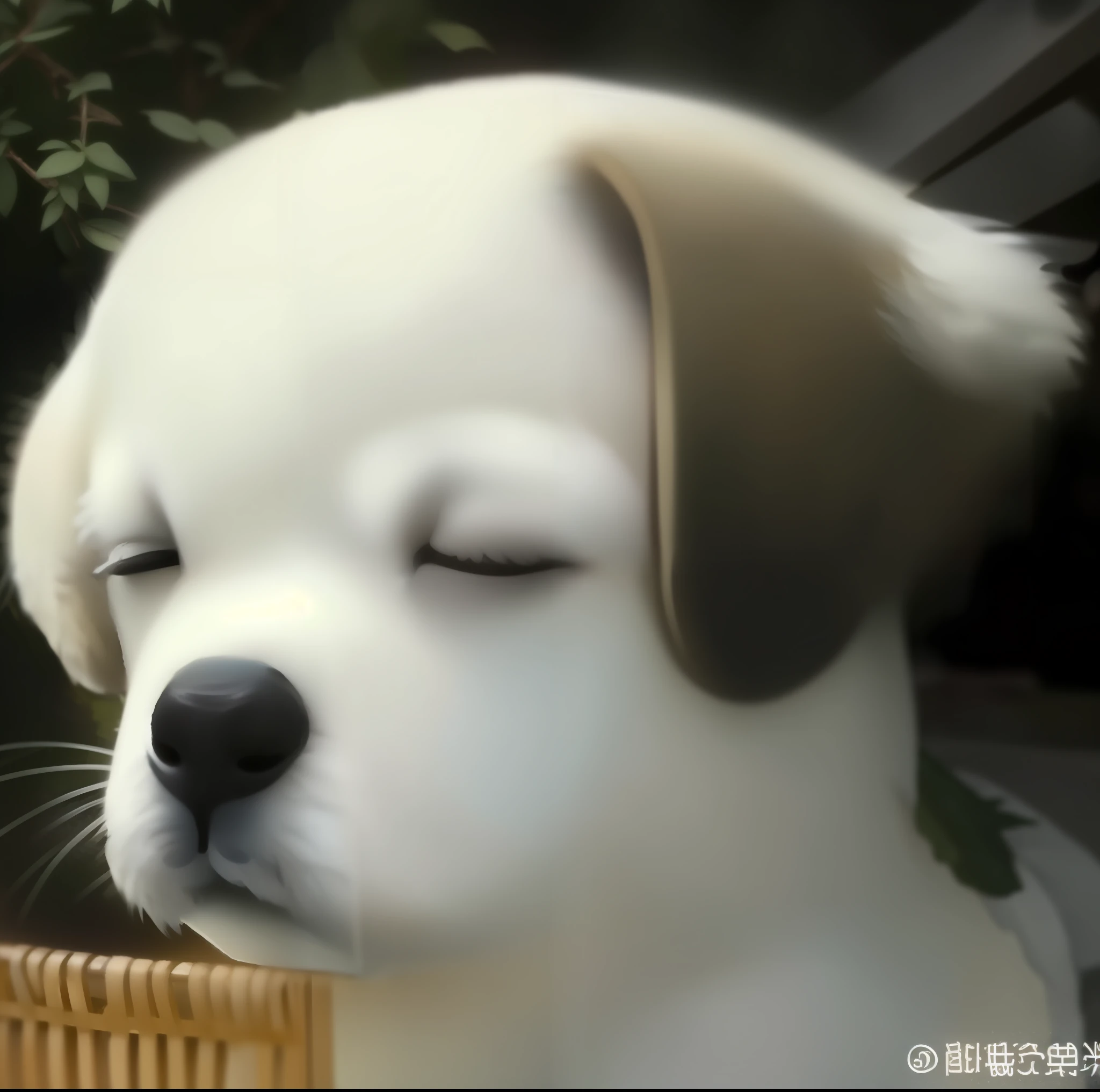 Puppy with closed eyes sitting outside in basket, ( dog ) looks like elephant, beautiful dog head, crying eyes closed!, Cute dog, dog looks like elephant, he has an elongated head shape, with a sad expression, awww, [ Realistic photo ]!!, Sleepy expression, winking one eye, with cute doting eyes, cute round slanted eyes