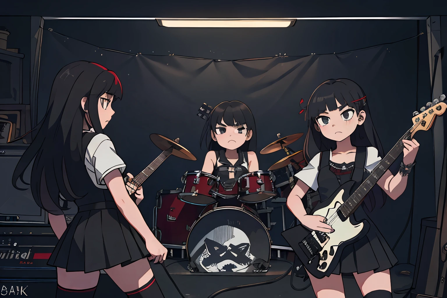 (masterpiece:1.2, best quality), (highly detailed:1.3), 3girls, 14yo, rock band, schoolgirls, white panties), black dress, goth, play electric guitars, in a garage, angry, aggressive, heavy metal, black red, dark, dark theme