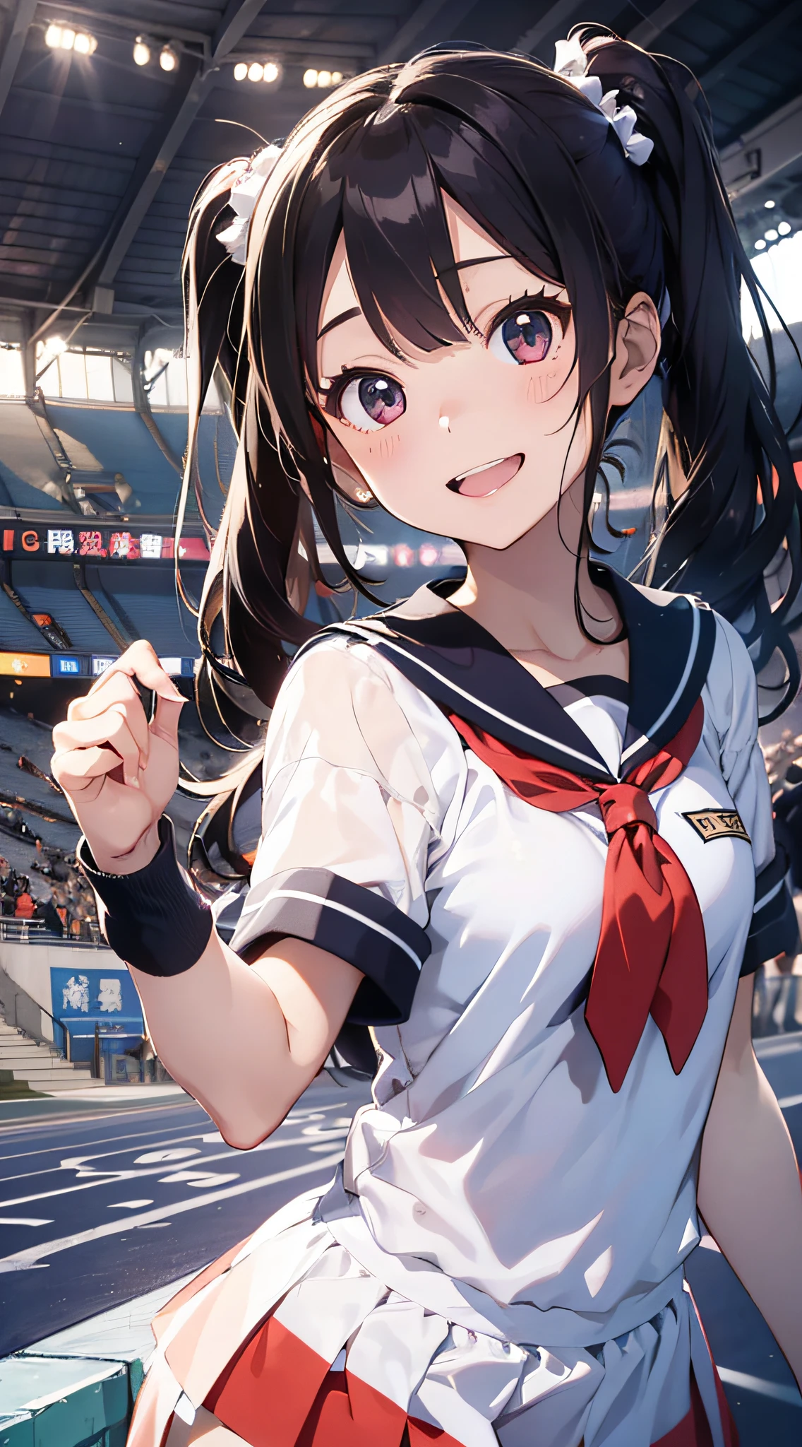 Ala Fed Asian cheerleader posing dynamically with large pom-poms in both hands in stadium、write、a closeup、cosplay foto、Anime Cosplay、tiny chest、Raw photography, top-quality, hight resolution, (masterpiece), (Photorealsitic:1.4), professional photograpy, foco nítido, nffsw, 8K分辨率, intricate detailes, depth of fields, the Extremely Detailed CG Unity 8K Wallpapers, front lit, girl with, beautiful supermodel, A smile、A slender、Mary Rose、Twin tail hair、Dense depiction、a sailor suit