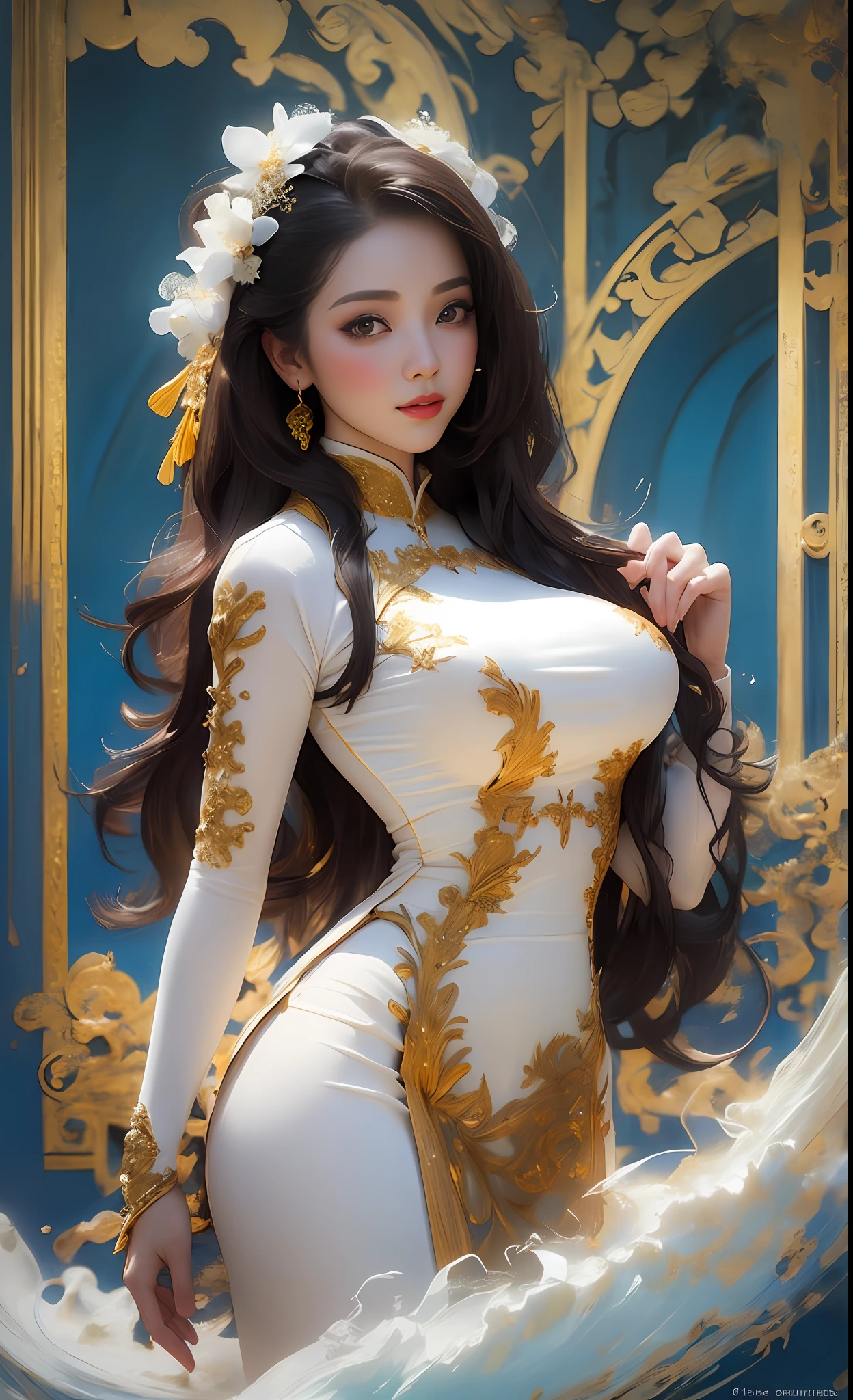 A beautiful girl, 22 years old, sexy theme, perfect face shape, oversize model, mature woman, tall long legs, (((super huge breasts))), (((glazed pupils))), long messy hair, happy,  hand details, finger details, beautiful anime Huaifu style girl, super detailed painting, luminescism, art concept art by Kahn Griffith and Vadim Kashin,  abstract beauty, standing, close to perfection, pure form, golden ratio, concept art, by Brian Froud, Carne Griffiths, Wadim Kashin and John William Waterhouse, intricate detail, 16k post-production, high resolution, hyperdetail, Artstation trend, sharp focus, studio photos, intricate detail, high detail,She wears the traditional Vietnamese dress ao dai , ao dai Vietnamese,She has big breasts, saggy breasts,She has beautiful big round eyes ,Double eyelid,Beautiful face