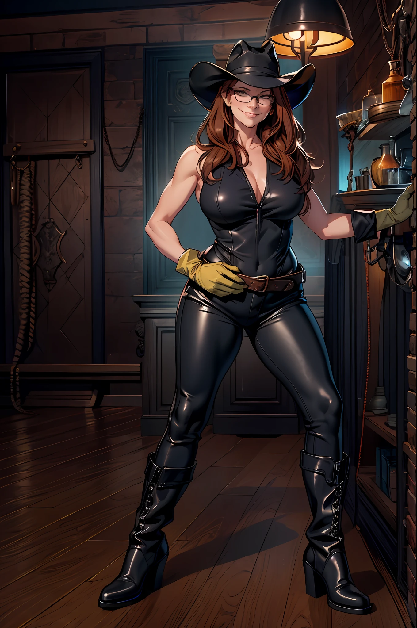 tall woman, mature, Auburn hair, glasses, black cowboy hat, topless, black leather pants, boots, black silicon gloves, ink, smirk, bdsm playroom background, dim lighting