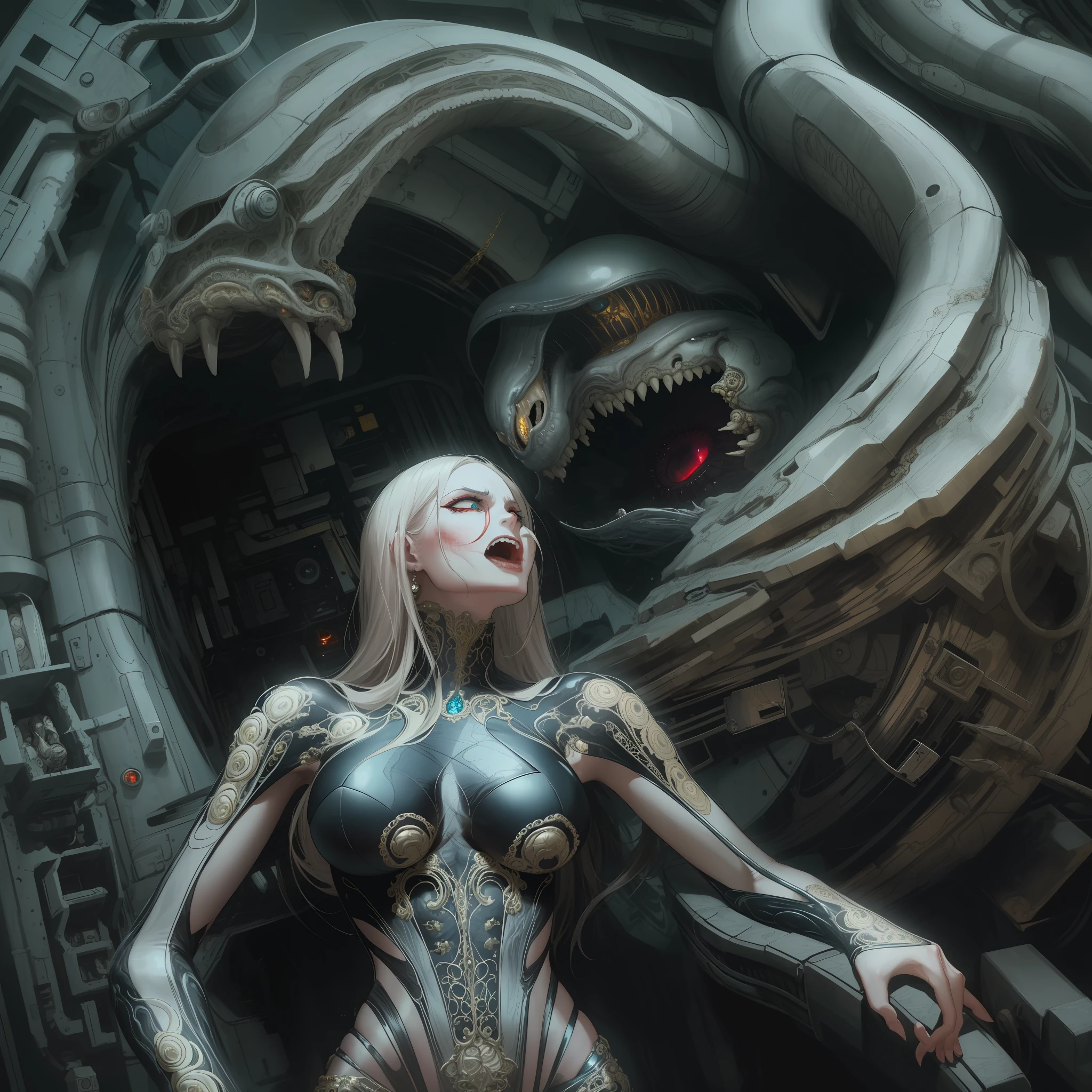 ((Masterpiece)), ((Alien 1979)), ((close photo)), ((a terrible and assuatadcor female creature alien)), ((She is sexy and sensual)), ((she brings fear and terror)), A terrible alien with huge mouth and many ugly teeth, she has the blue marble with red cracks, (She's furious, she's angry, she's full of hatred), She is attacking you, she is inside the rubble of a spacecraft, She is looking at you, She brings terror in her eyes, she's drooling, she's crazy, she's crazy, she's crazy, ((art by HR Giger)), Masterpiece, better quality, clear focus, dynamic pose, cinematic lighting, Hyper detailed ultra sharp, (((((ornate))))), ((((intricate)))), ultrarealistic, dynamic, smooth, sharp focus, illustration, 8k