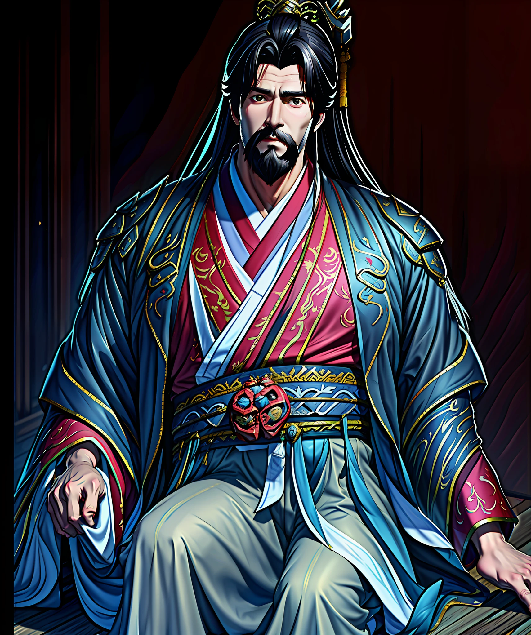 Ancient Chinese Hanfu,Fat Chubby,beer belly,a old man,Long beard,(focal point_Wear a cape on his head),bucket-hat,White beard,White hair,(Vicissitudes:1.5),Hanging ornaments