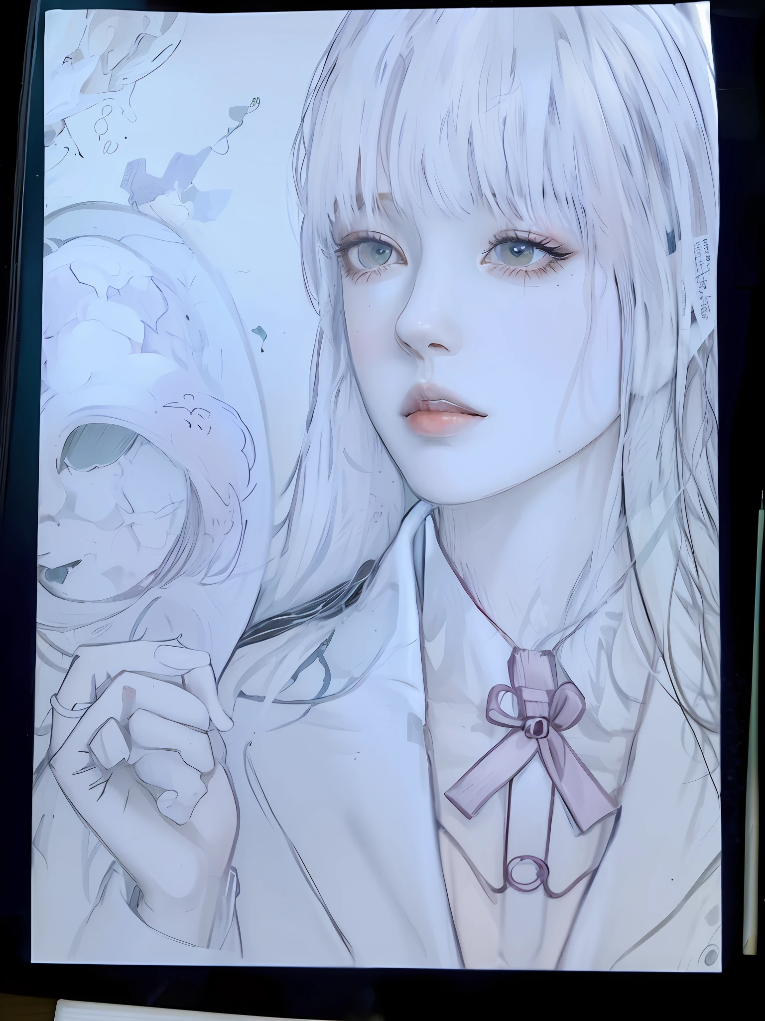 Drawing of a girl with a pink ribbon holding a mask,(( dia das bruxas)),um desenho de anime, anime sketch, desenho de anime, Retrato de uma garota de anime, Retrato anime de Shiina Ringo, Retrato da menina do anime, Manga Drawing, retrato detalhado da menina do anime, inspirado em Junji Ito, desenho estilo anime, pencil and ink manga drawing, japanese anime artist drawn, Retrato estilo anime, arte linear, manocramático, para colorir, preto e branco,