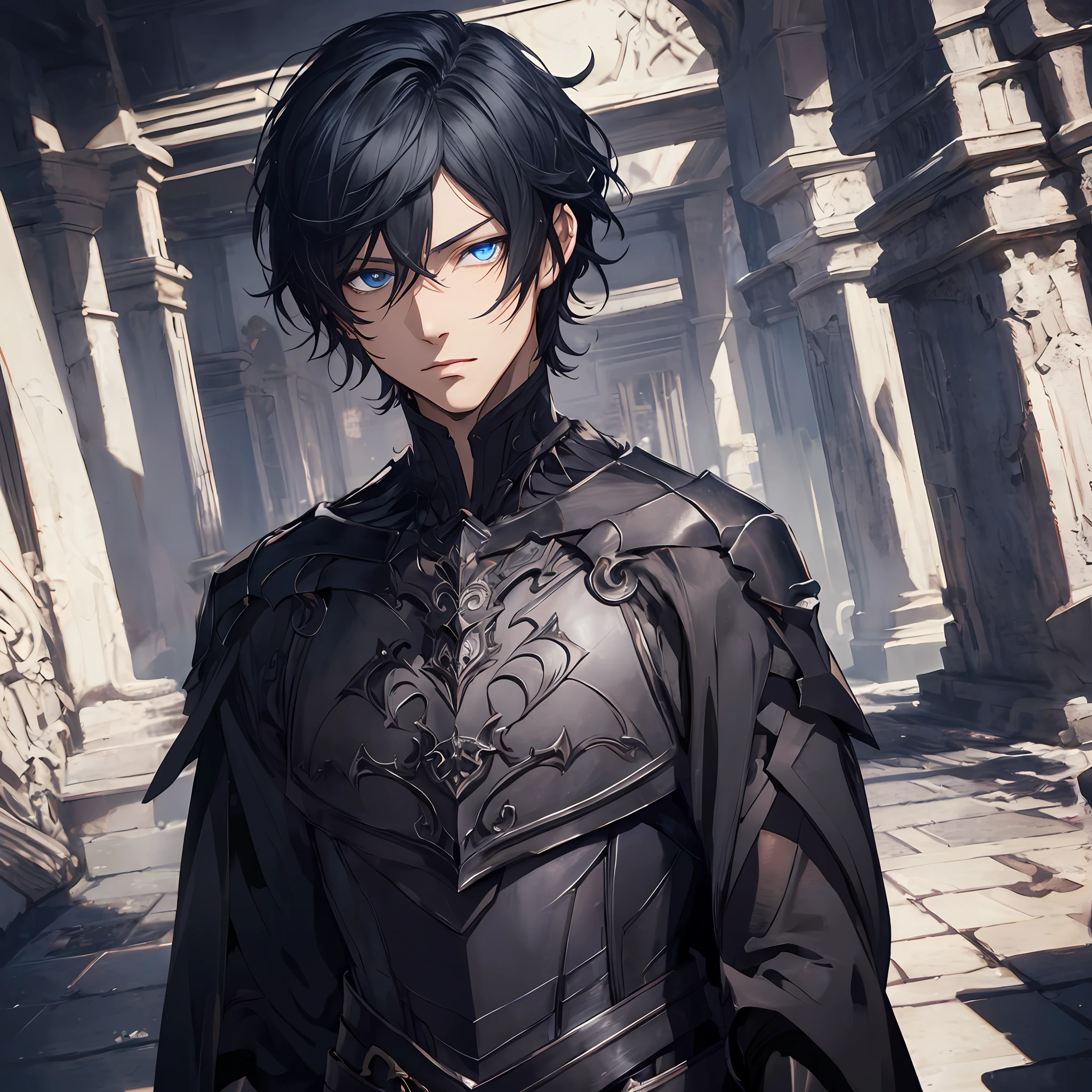 masterpiece, best quality, 1man, adult, male focus, solo, dark black hair, short hair, blue eyes, looking at viewer, closed mouth, Fantasy aesthetics, Highly detailed, shadowverse style, black metallic armor