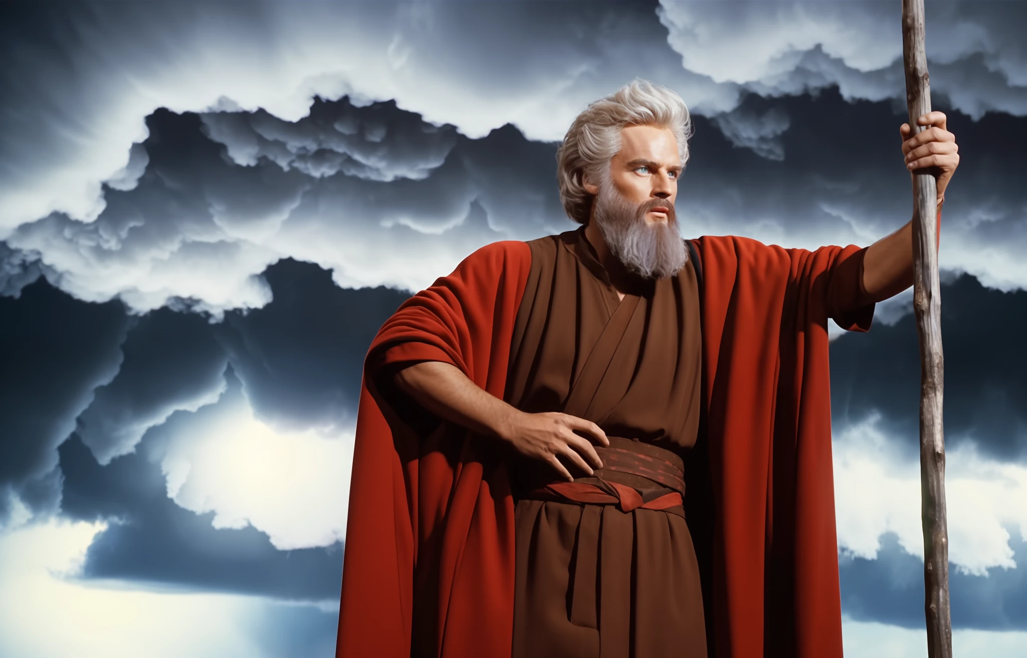 a storm in the background behind him,cloud, cloudy sky,
Standing At Attention,
holding a stick in his hand,
red cape,
long beard,
White_hair,Short_hair,Blue_eyes,
1 old Man, looking at viewer,(closed mouth:1.0), serious, 
official art,extremely detailed CG unity 8k wallpaper, perfect lighting,Colorful, Bright_Front_face_Lighting,
(masterpiece:1.0),(best_quality:1.0), ultra high res,4K,ultra-detailed,
photography, 8K, HDR, highres, absurdres:1.2, Kodak portra 400, film grain, blurry background, bokeh:1.2, lens flare, (vibrant_color:1.2)