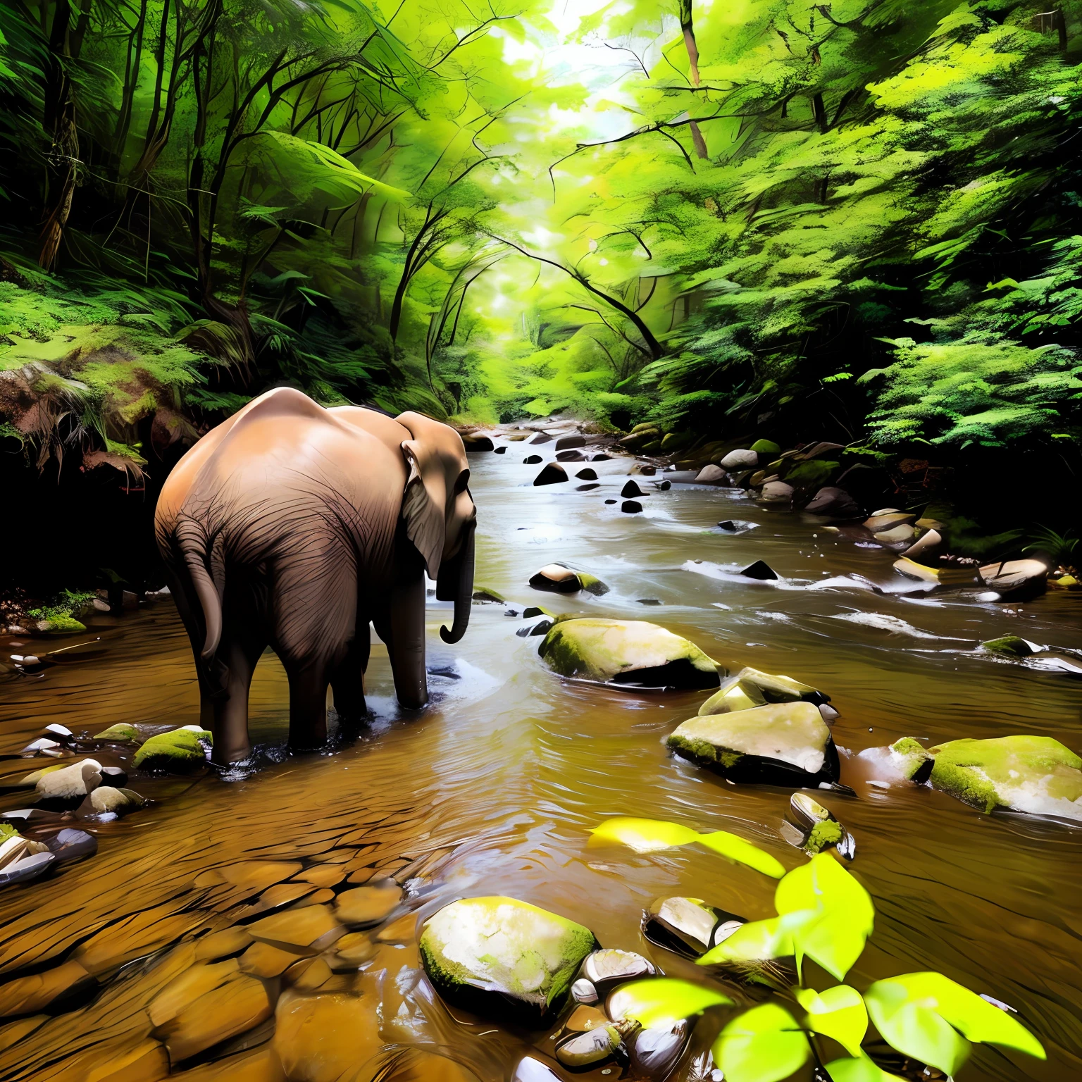 Image we are prompting: A young girl elephant exploring the surroundings of a spring river brook.
Descriptive keywords: Curiosity, Adventure, Nature's wonders, Discovery, Wanderlust.
Camera type: Smartphone.
Camera lens type: Wide-angle lens.
Time of the day: Afternoon.
Focal distance: N/A (fixed lens).
Style of photograph: Instagram-worthy.
By photographer name: Emily Rodriguez.