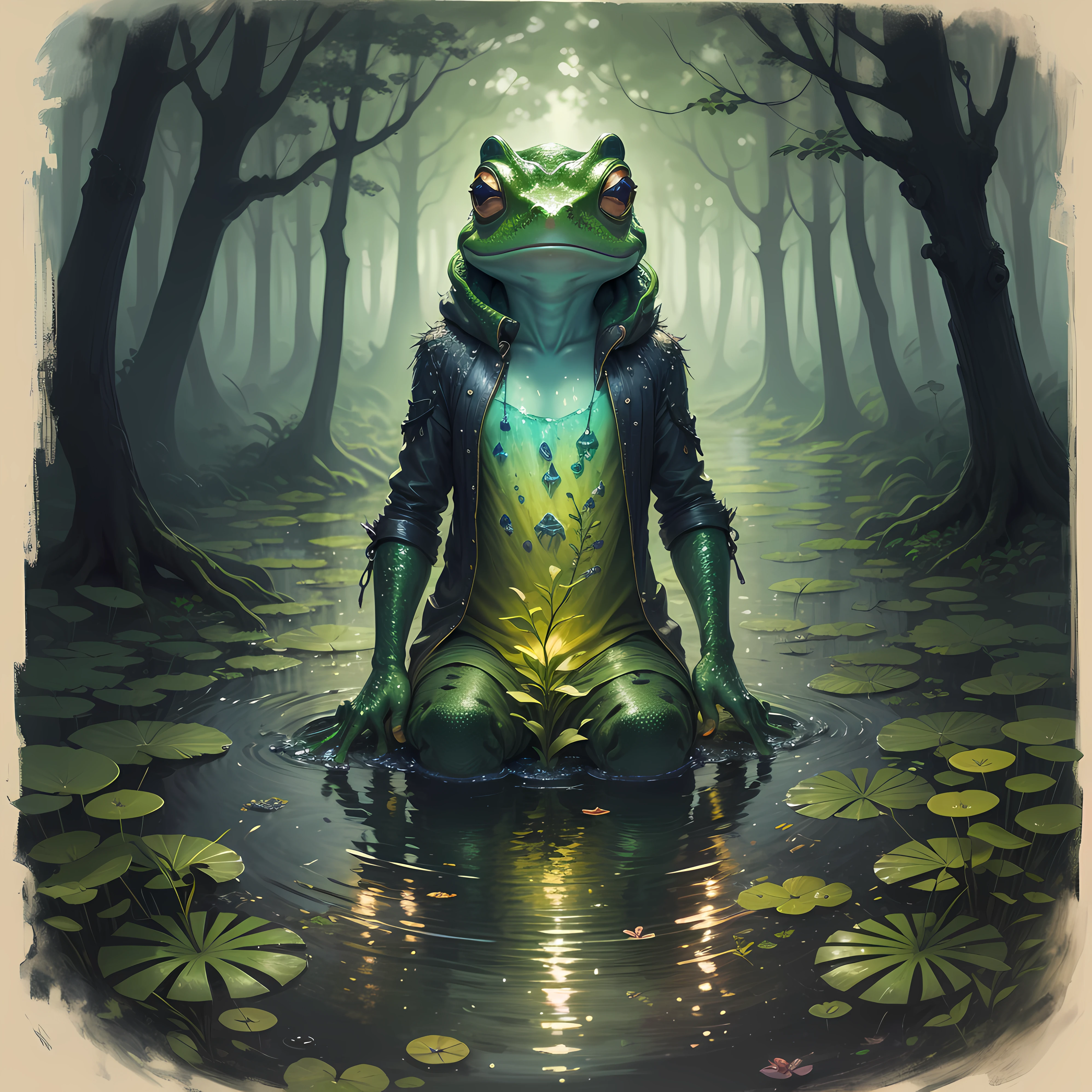 (best quality, masterpiece), illustration of a frog-headed man, small pond in a forest with bioluminescent plants, vibrant colors, surreal atmosphere, ultra-detailed details, wet texture, dark shadows, light tones, high resolution printing.