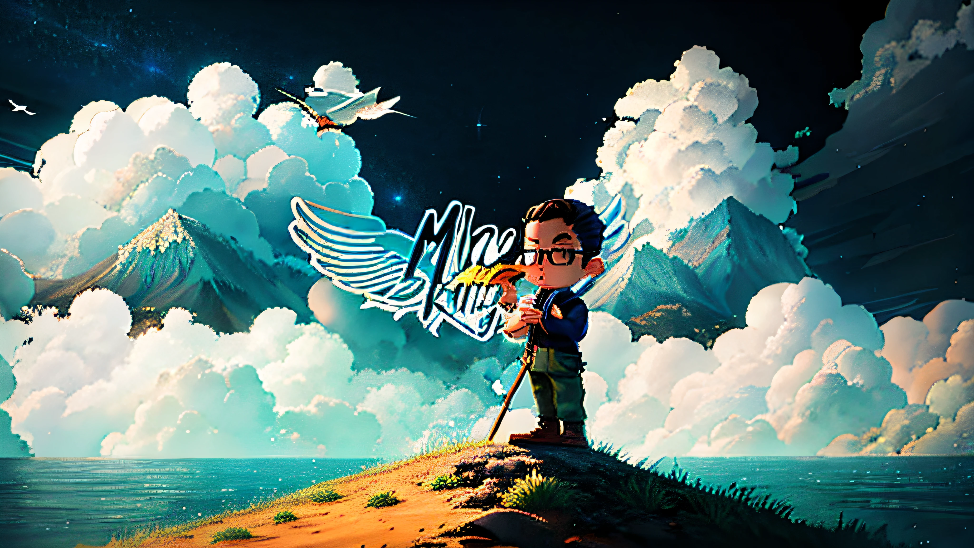 Cartoon of a man holding a sign with a bird on it, microfone, Fanart oficial, inspirado em Mike Winkelmann, arte oficial, mike kime, official illustration, Anthony, Fanart de alta qualidade, Rob Rey e Kentaro Miura Estilo, Arte Oficial, arte promocional, Fanart, Album art, mobile game art, Minas, mobile game background, official rendering